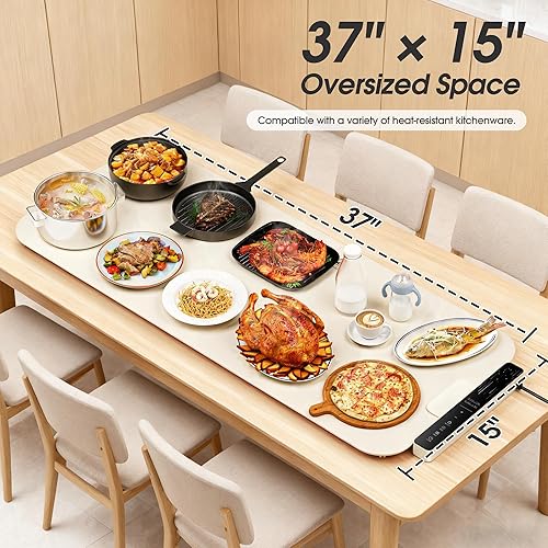 Miniatura 5 de Vabaso Tapete de calentamiento de alimentos extra grande con aplicación, ajuste de temperatura y temporizador de 37 x 15 pulgadas, se calienta en 5
