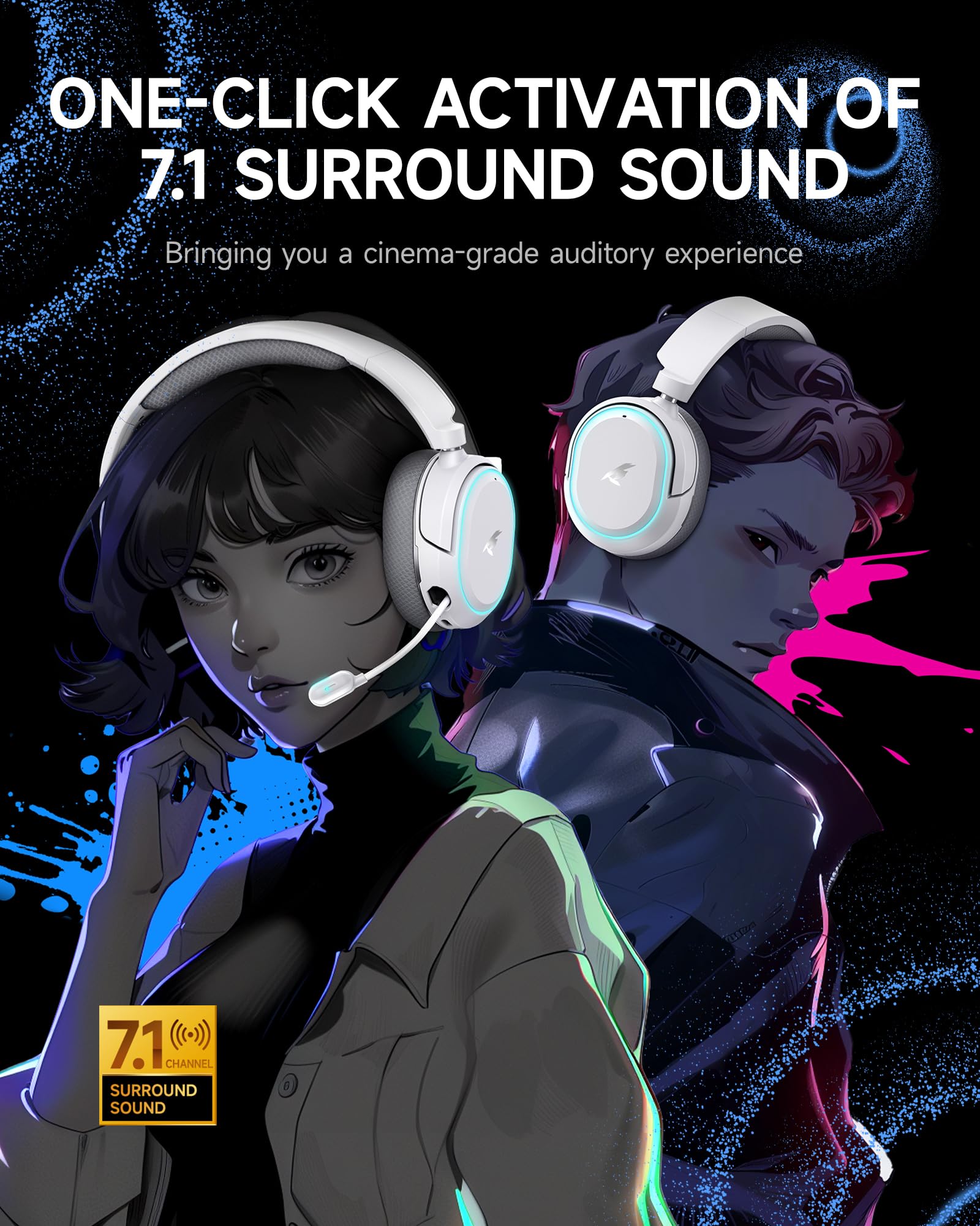 Picun G2 Wireless Gaming Headset, Over-Ear 7.1 Virtual Surround Sound, 2.4GHz/Bluetooth 5.4/Wired, 5ms Ultra-Low Latency, 100H Battery, ENC Noise-Canceling Mic, RGB, for PC PS5 PS4 Switch (Grey) - 3