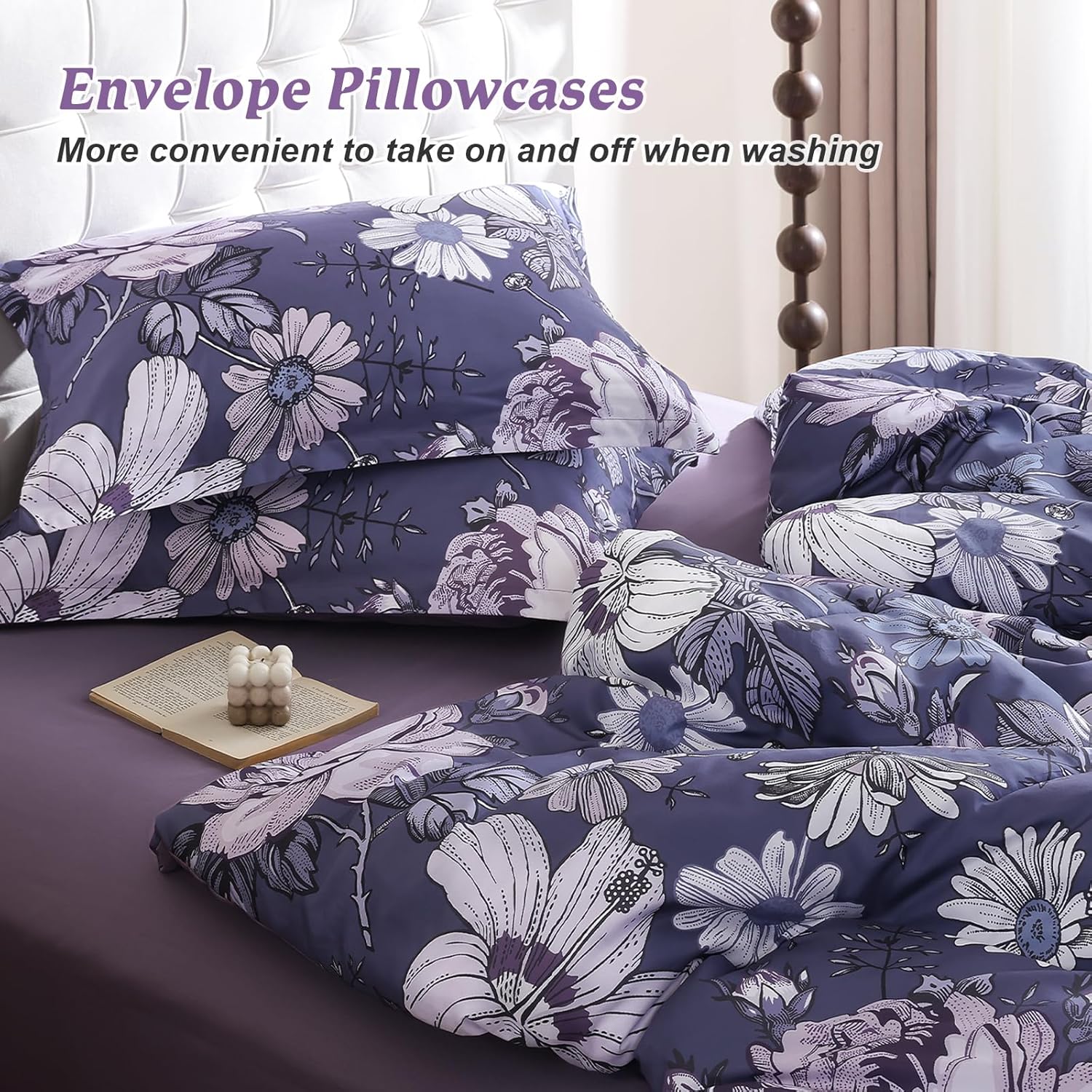 Luxudecor Queen Comforter Set 7 Pieces Bedding Sets,Grayish Purple Floral Comforter and Sheet Set, Soft Microfiber Bed in a Bag for All Seasons (Grayish Purple,90"x90")