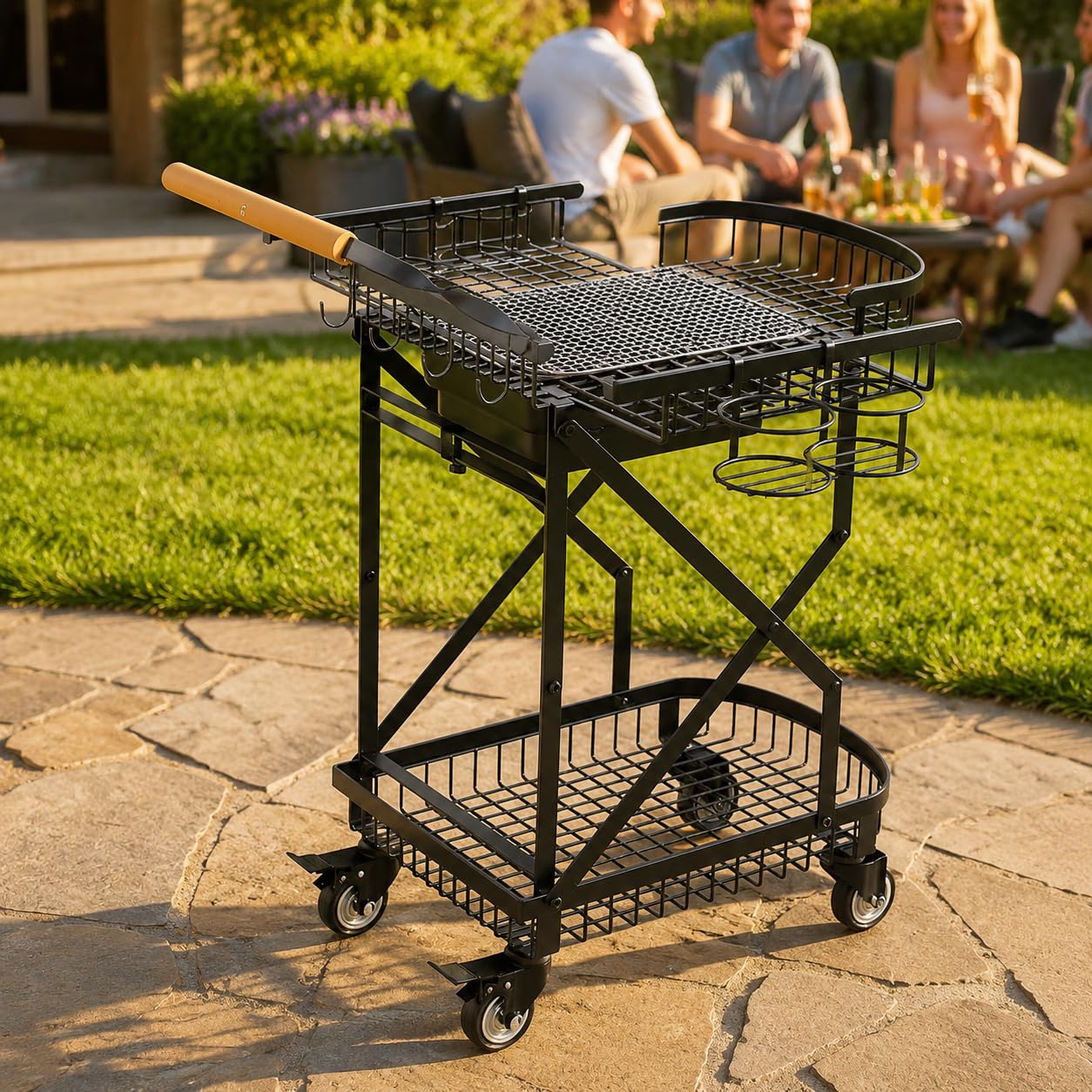 Barbacoa Carbón Portátil, Parrilla Barbacoa Exterior con Ruedas, Carrito Acero y Madera, para Camping y Jardín, Carro de barbacoa con parrilla, ganchos y portabebidas (embalaje suelto)