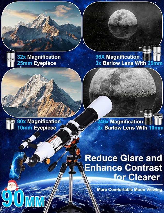 Telescopio refractor 90mm apertura 800mm con trípode AZ y adaptador miniatura 4