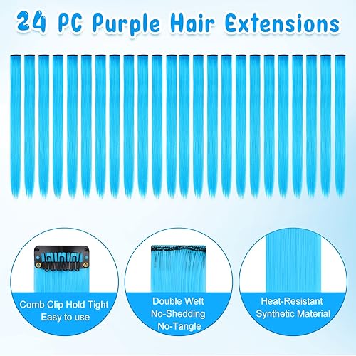 Miniatura 2 de Kyerivs 24 extensiones de cabello azul para niñas de 20 pulgadas con clip de arco iris lacio, sintético, rellenos de calcetines para niñas,
