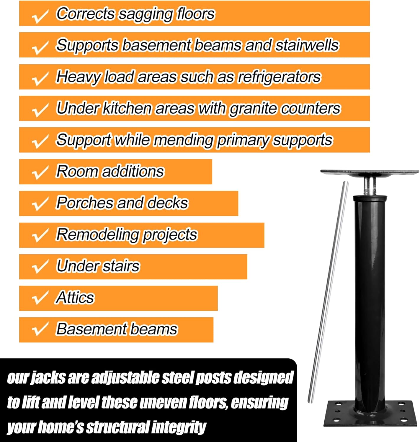 House Jacks for Lifting and Leveling, 15.5" - 21" Height Range, 12000 lbs Max Load Capacity Per Unit, Floor Jack Post Pole Jacks, Adjustable Support Beam Basement Leveling Jack