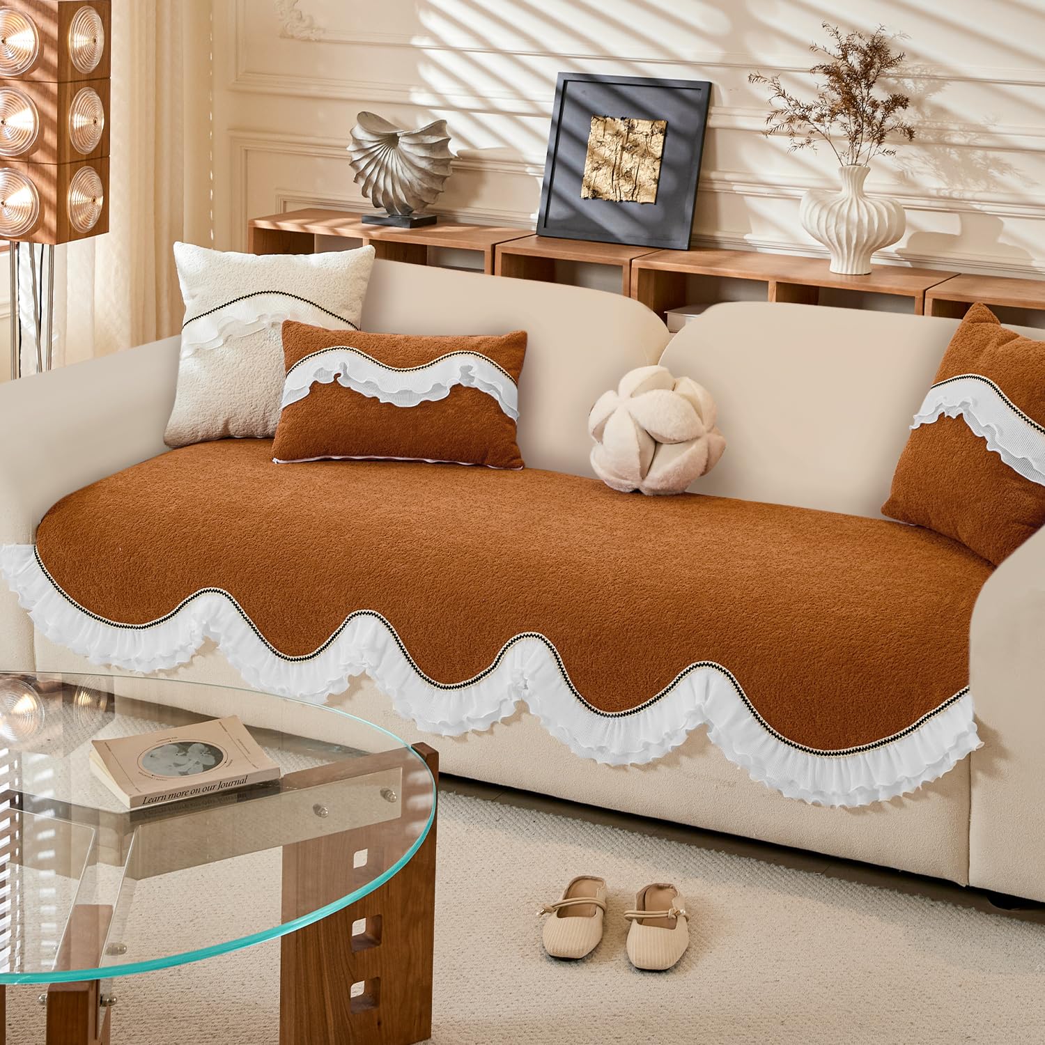 HOKIPO 'French Classic Frill' Elegant Wavy Sofa Cover Mat with Lace Frill | Anti-Slip Sofa Cover for 1 Seater Sofa Set | Slipcover, Copper Orange (AR-6138-OR*1)-image-49