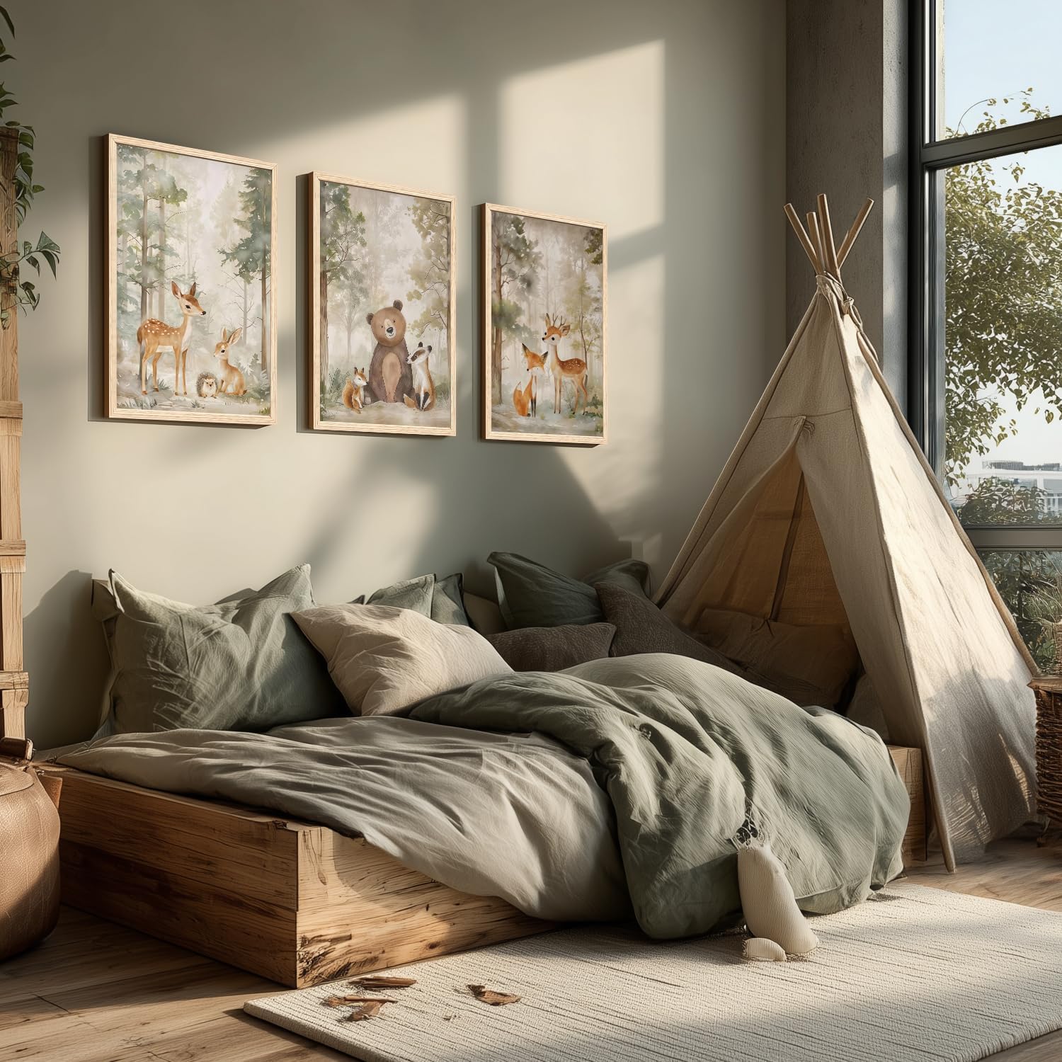 Cyebmo Woodland Animals Wall Art Set of 3, Baby Boy Wild Forest Animals Wall Decor, Deer Bear Fox Canvas Painting, Neutral Aesthetic Pictures for Kids Room Benroom Nursery Wood Framed 12"x16"x3