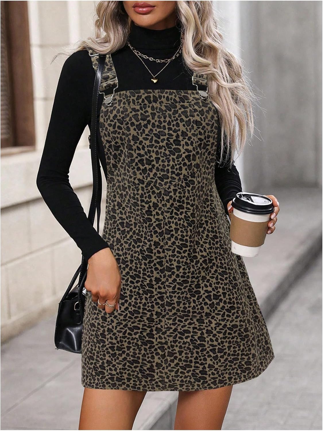 Floerns Women's Corduroy Cheetah Pinafore Dress Cheetah Bib Overall Fall Outfit Suspender Skirt - Image 2