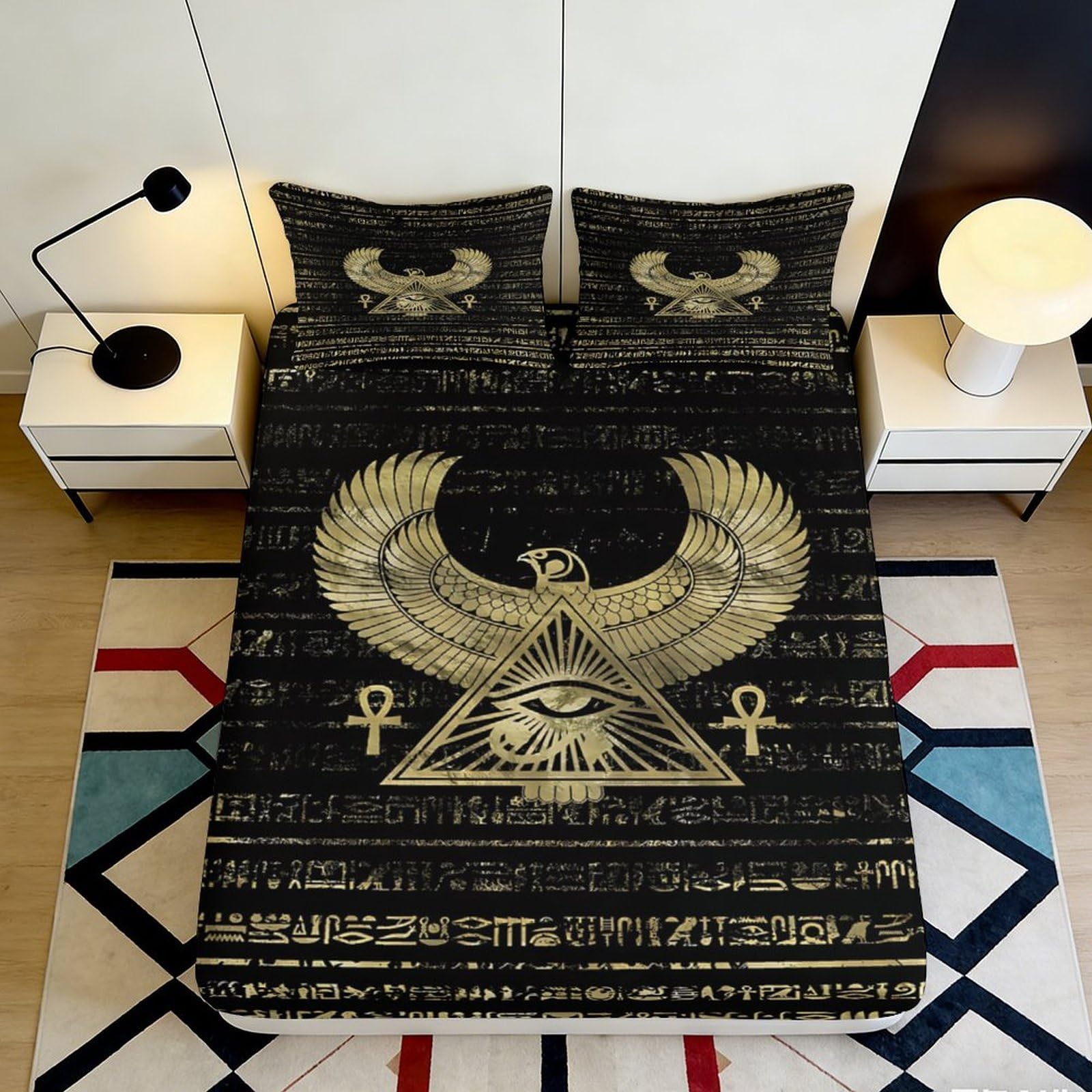 Pnayamiorkfel Style-2 3D Printed Egyptian Gold Wing Fitted Sheet Microfiber Soft Black Eye Pyramid Mattress Cover For Bedroom Decor 90X200x25cm