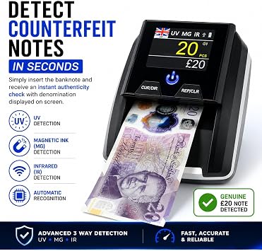 Automatic Money Detector | Fast 7-Point Check | UV, MG, IR, Size & Thickness | Counterfeit Note Scanner for GBP, EUR & USD | High-Speed Cash Authentication for Businesses & Retail