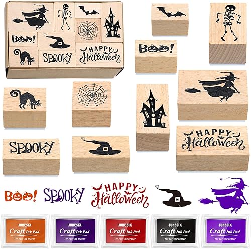 Woanger 15 sellos de goma de madera de Halloween y almohadillas de tinta para manualidades, sellos de tarjetas de manualidades, sellos de goma de