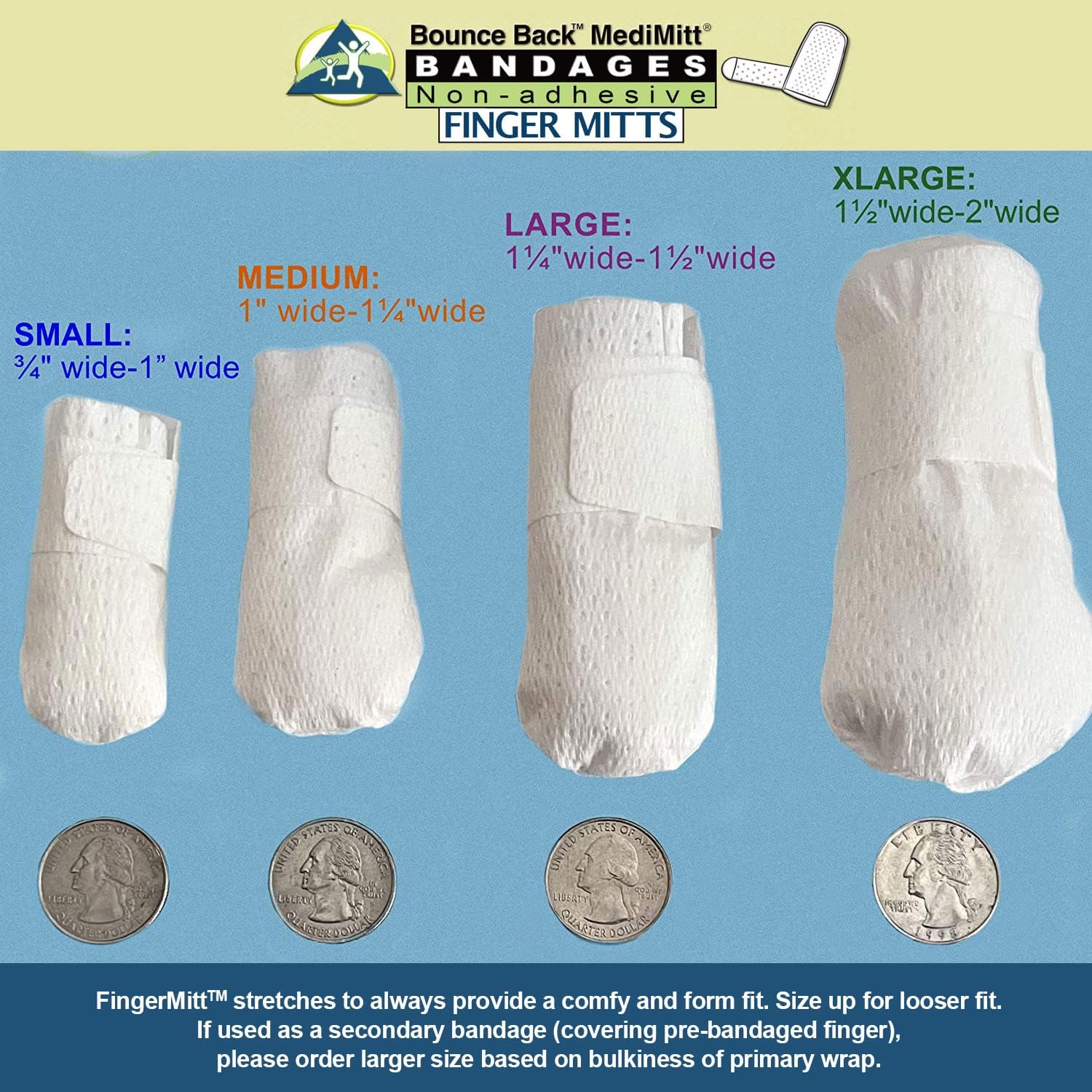 MediMitt FingerMitt | Non Adhesive Fingertip and Full Coverage Bandages with Fastening Strap (X-Large with Pad)