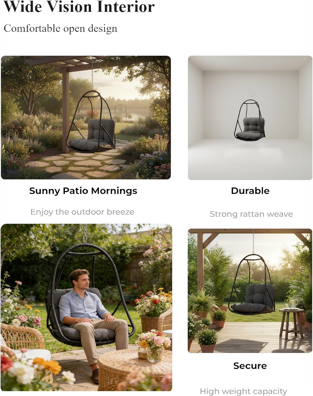JESE Swing Egg Chair Without Stand,with Removable Cup Holder - 300LB Capacity All-Weather Hanging Chair for Indoor/Outdoor Patio, Garden & Balcony,Black