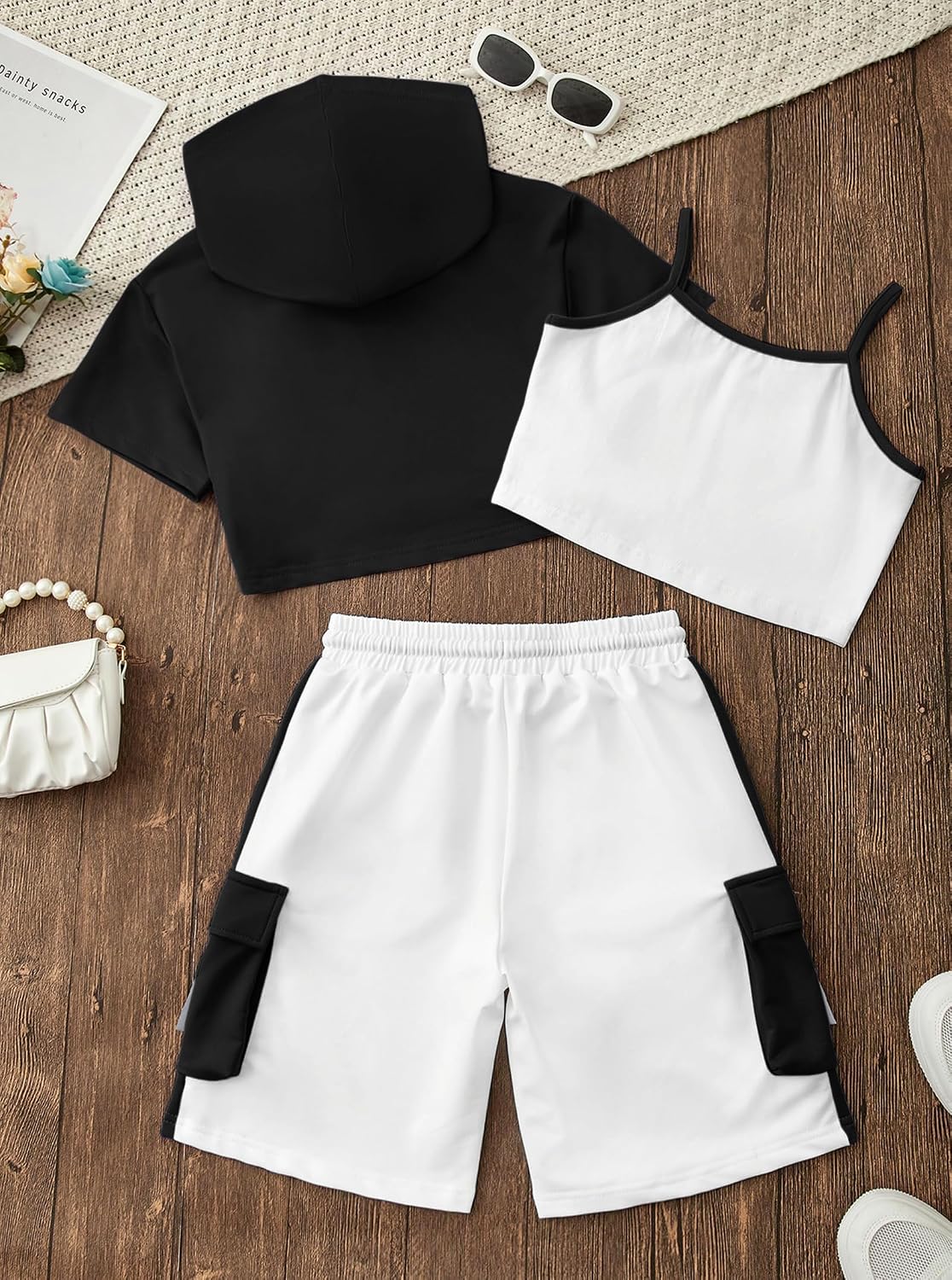 Girls 3-Piece Outfits Cotton Cami Short Sleeve Hoodie and Cargo Shorts Set Kids Streetwear 7-14 Years