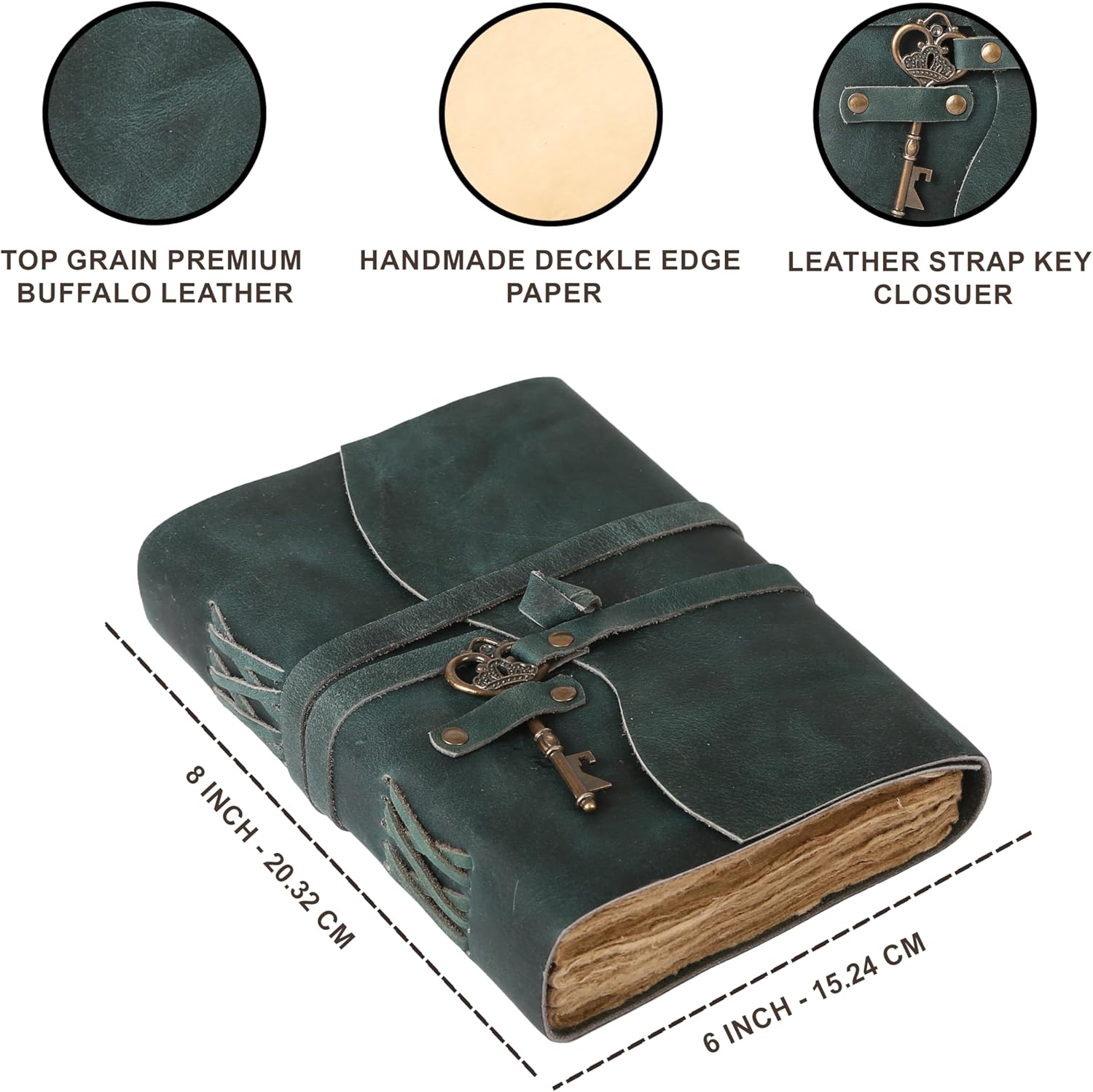 Leather Journal with Deckle Edge Paper 8x6 inch and Vintage Key | Handmade Writing Notebook Diary | Bound Daily Notepad for Men & Women Medium, Sketch/Writing pad for Artists