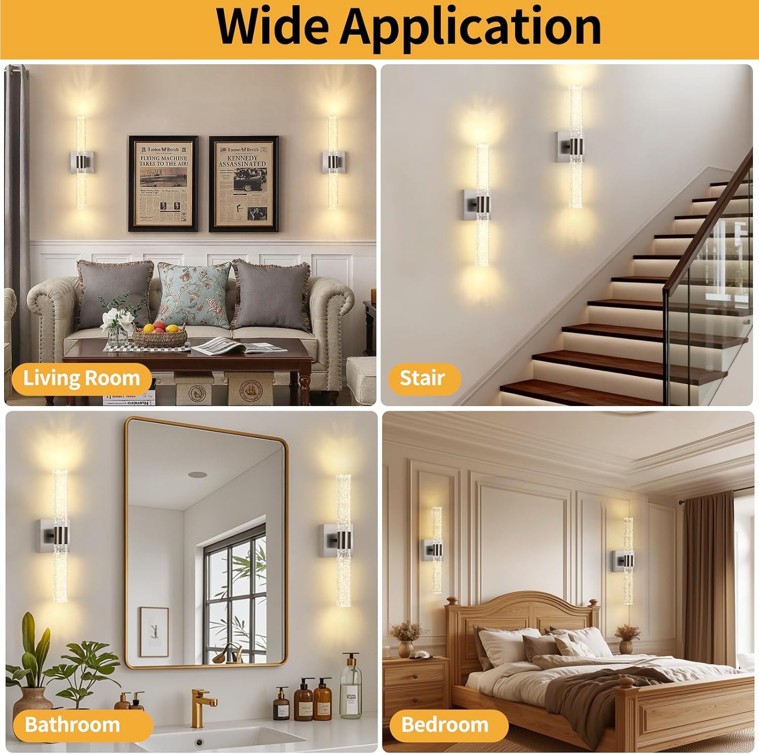 Modern Wall Sconces Set of Two in Brushed Nickel Finish 18 Inch 3000K-6000K Led Bathroom Sconce Lights Indoor Hardwired Wall Lamp for Bedroom Living Room Hallway, 12W