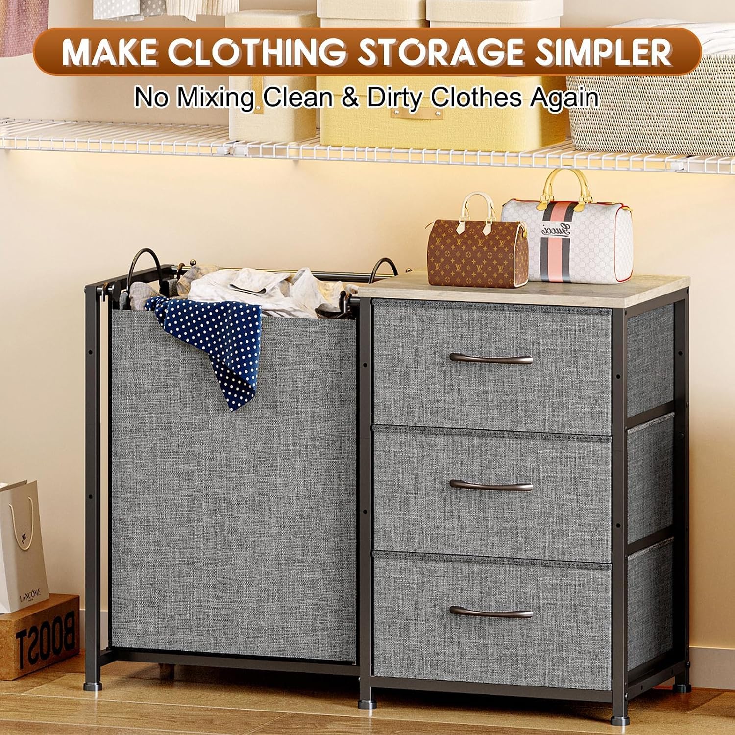 Hongtamoya 2-in-1 Closet Organizers and Storage, 3 Drawer for Closet, Grey
