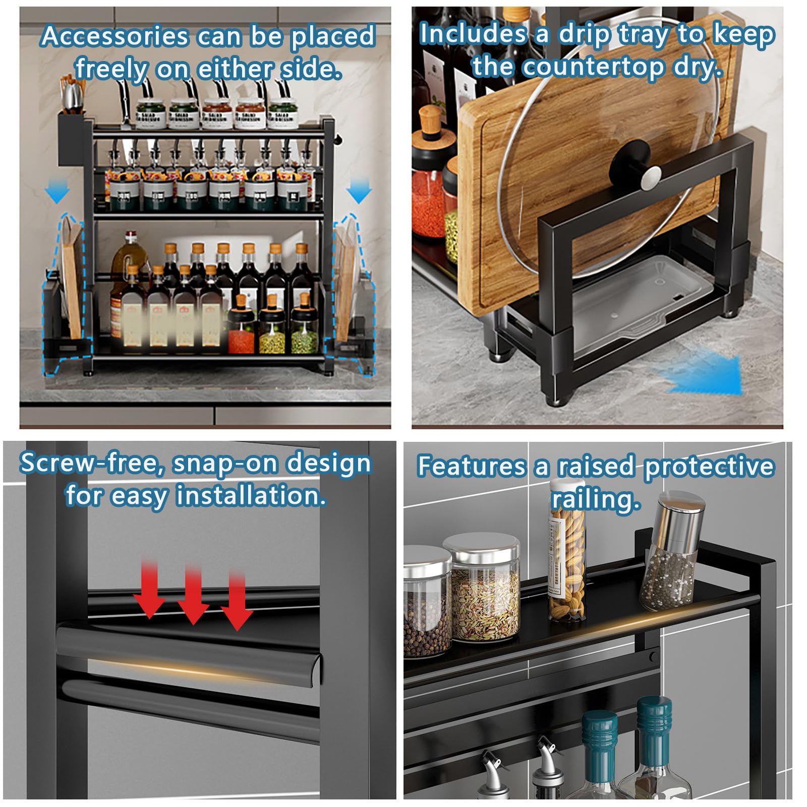 Scaffale da cucina a 3 ripiani in metallo con 6 ganci, ideale per barattoli e tazze, design salvaspazio, B50 cm