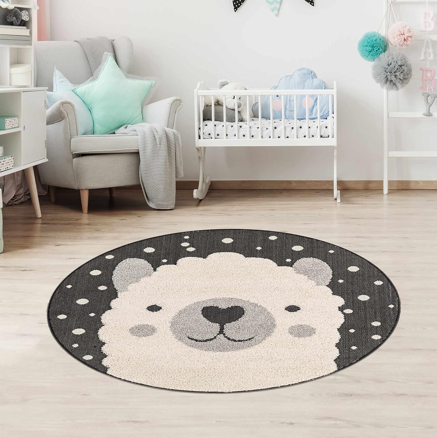 Hauteloom Kids Room, Nursery Round Area Rug - Outdoor Patio Safe - Animal Baby Elephant Playroom Carpet - Beige, Gray, Black, Cream - 5'3"