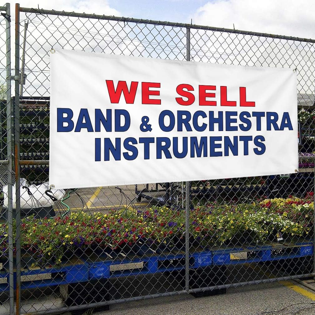 Vinyl Banner Multiple Sizes We Sell Band & Orchestra Instruments Red Blue Dance & Music Outdoor Weatherproof Industrial Yard Signs 4 Grommets 24x36Inches
