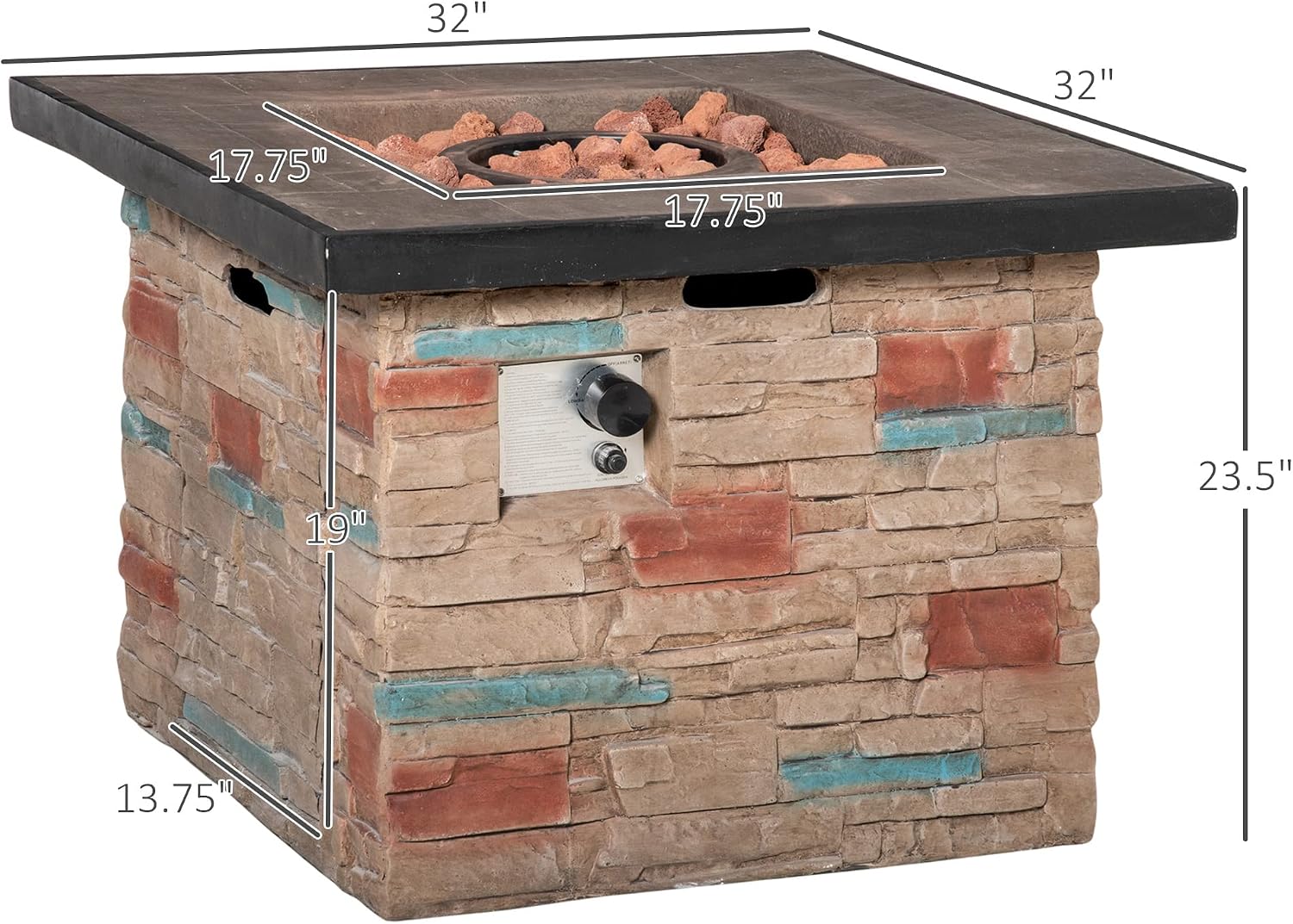 Outsunny 32 Inch Outdoor Propane Gas Fire Pit Table, 50,000 BTU Auto-Ignition Rectangular Faux Ledge Stone Gas Firepit with Lava Rocks and Rain Cover, CSA Certification, Brown