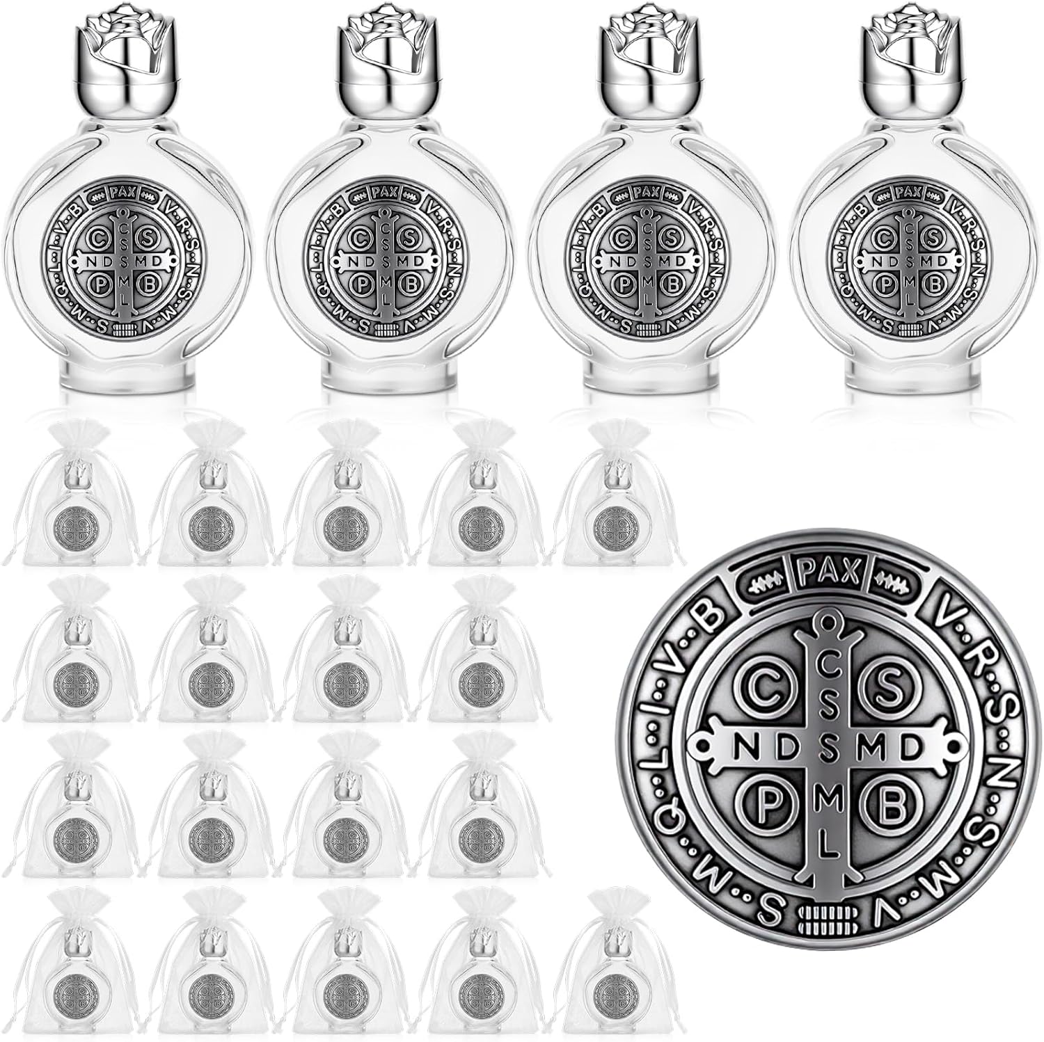 30 Set Holy Water Bottles Catholic Bulk 15 ml Baptism Holy Water Container Empty Glass Bottle with Saint Benedict Medal Organza Bags for Communion Church Baptism Favor Party(Silver)