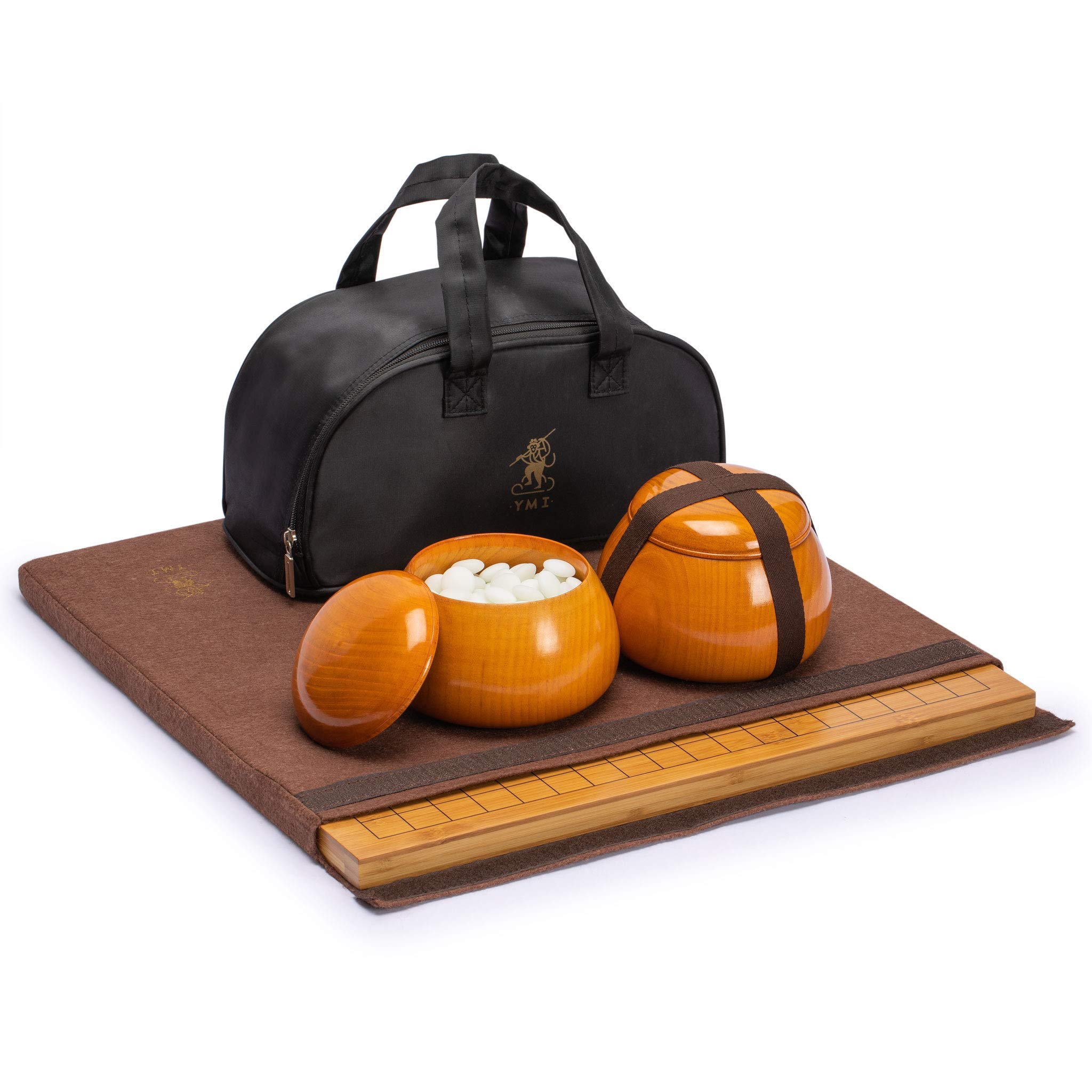 Yellow Mountain Imports in bambù Reversibile da 2 cm con Tavola Go (Goban) a Scacchiera 19x19 / 13x13, Pietre Double Convex Yunzi e Coppette Porta Pietre in Legno di Giuggiolo