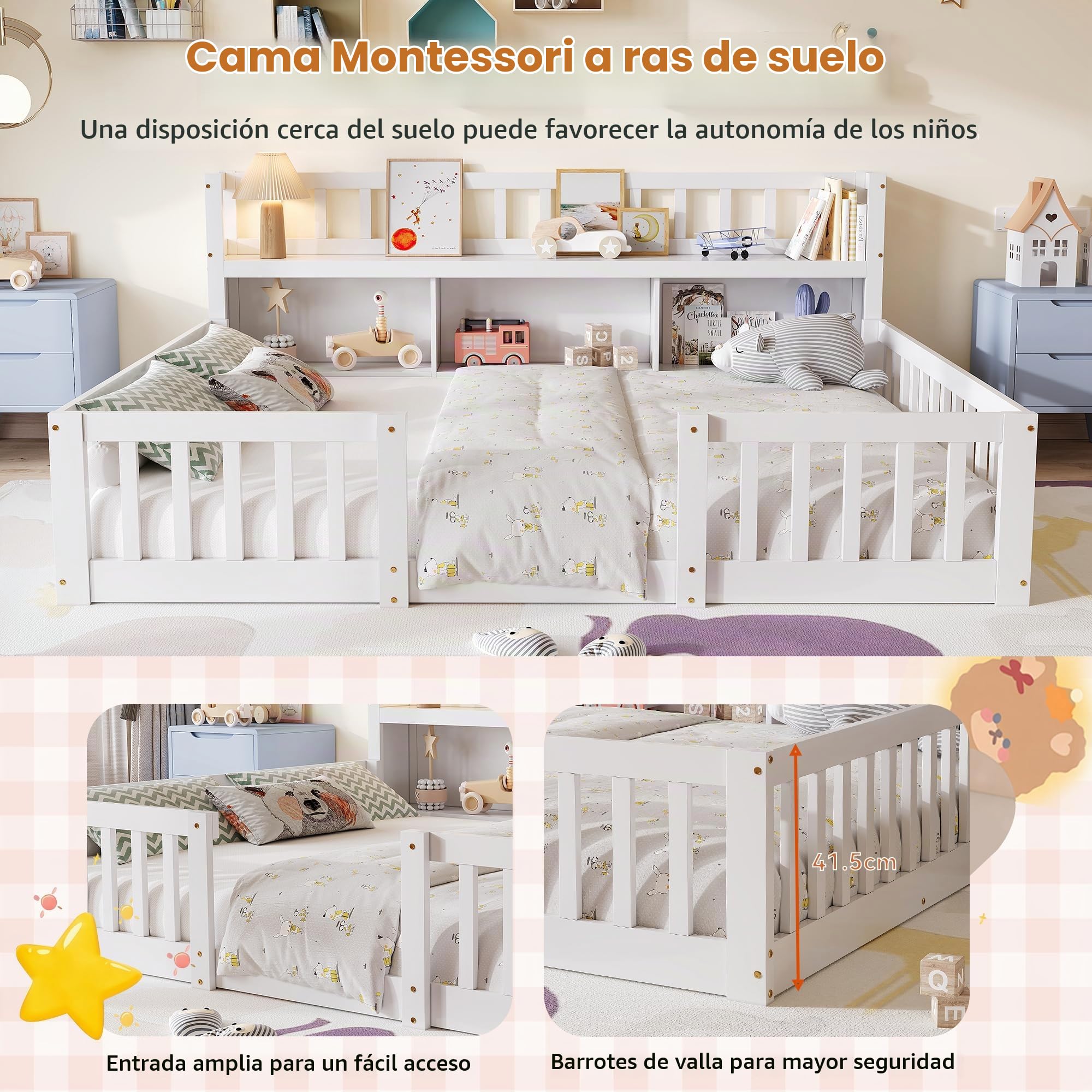 Cama en el suelo Montessori para niños, 140 x 200 cm, cama de suelo de madera con biblioteca integrada y guardabarros, cama infantil en el suelo con somier de láminas, blanco (sin colchón)