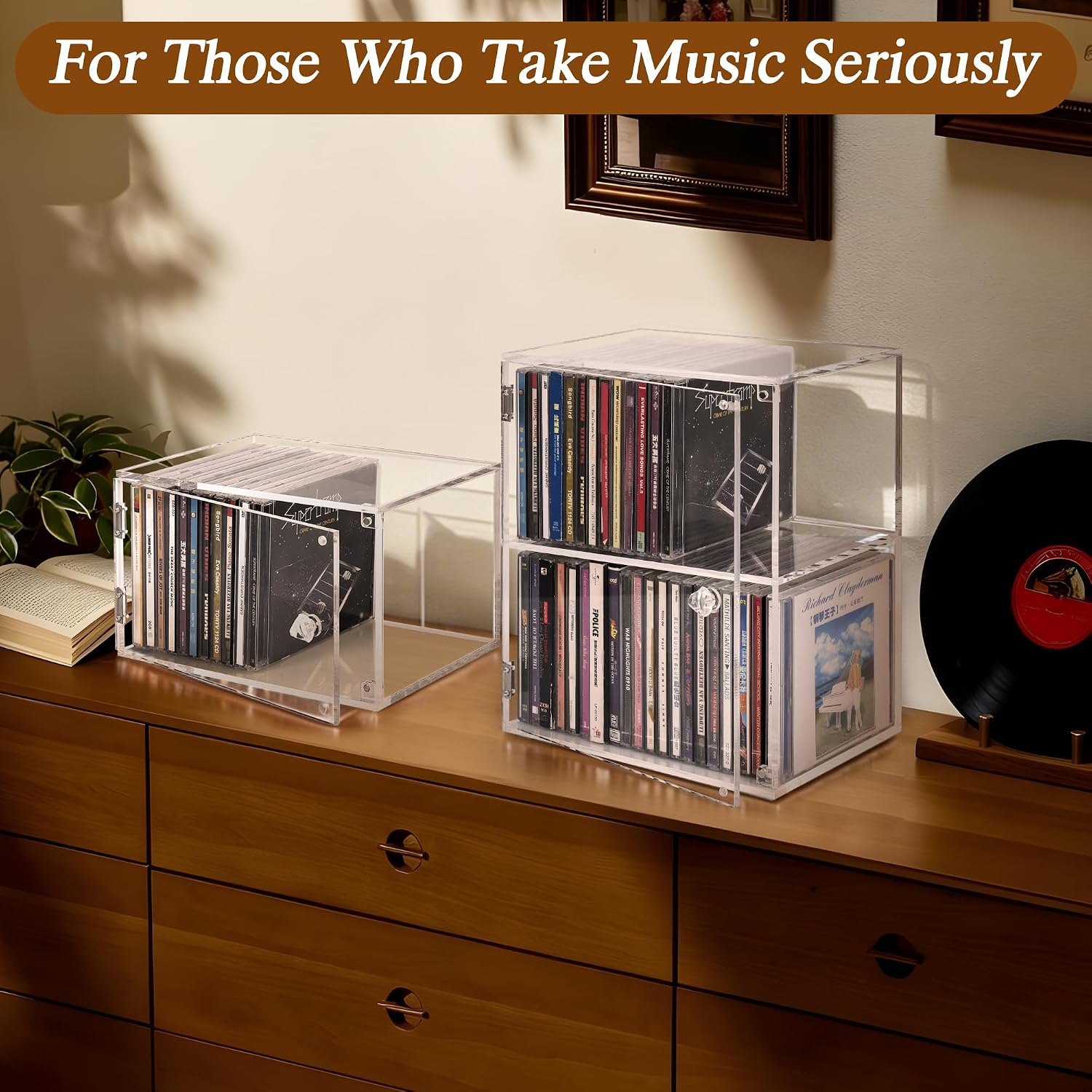 CELSOL 2-Tier Clear Acrylic CD Storage Box with Magnetic Door, Dust-Proof Sealed CD Organizer & CD Display Case for Jewel Cases, Holds 40 CDs, Stackable CD Rack for Serious Collectors