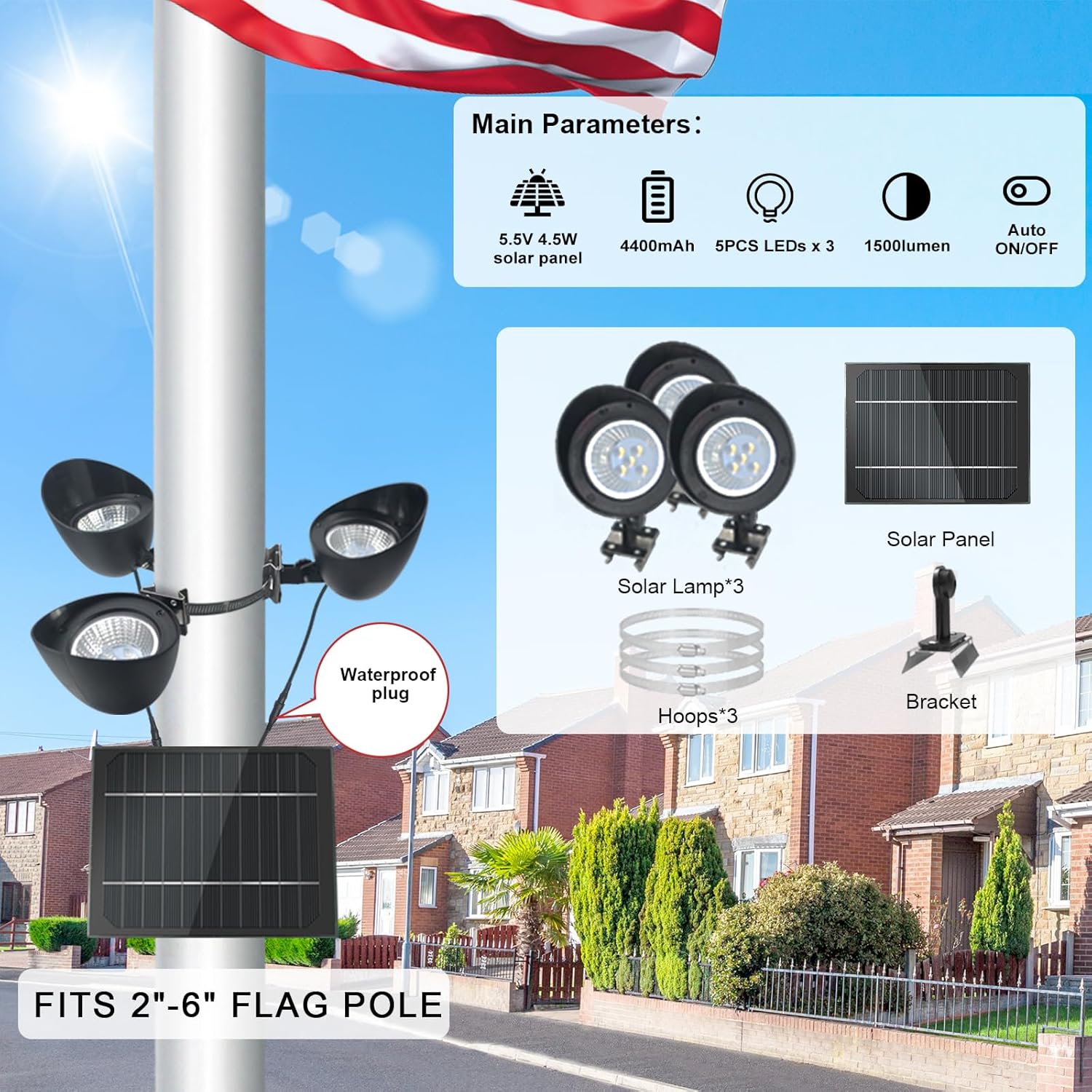 Flag Pole Light Solar Powered, Solar Flagpole Light, 3-in-1 Flag Light with Adjustable Bracket & Metal Clamp, Fits 2-6'' 15-30 Ft Flagpole, Waterproof, 360 Degrees Illumination,Black