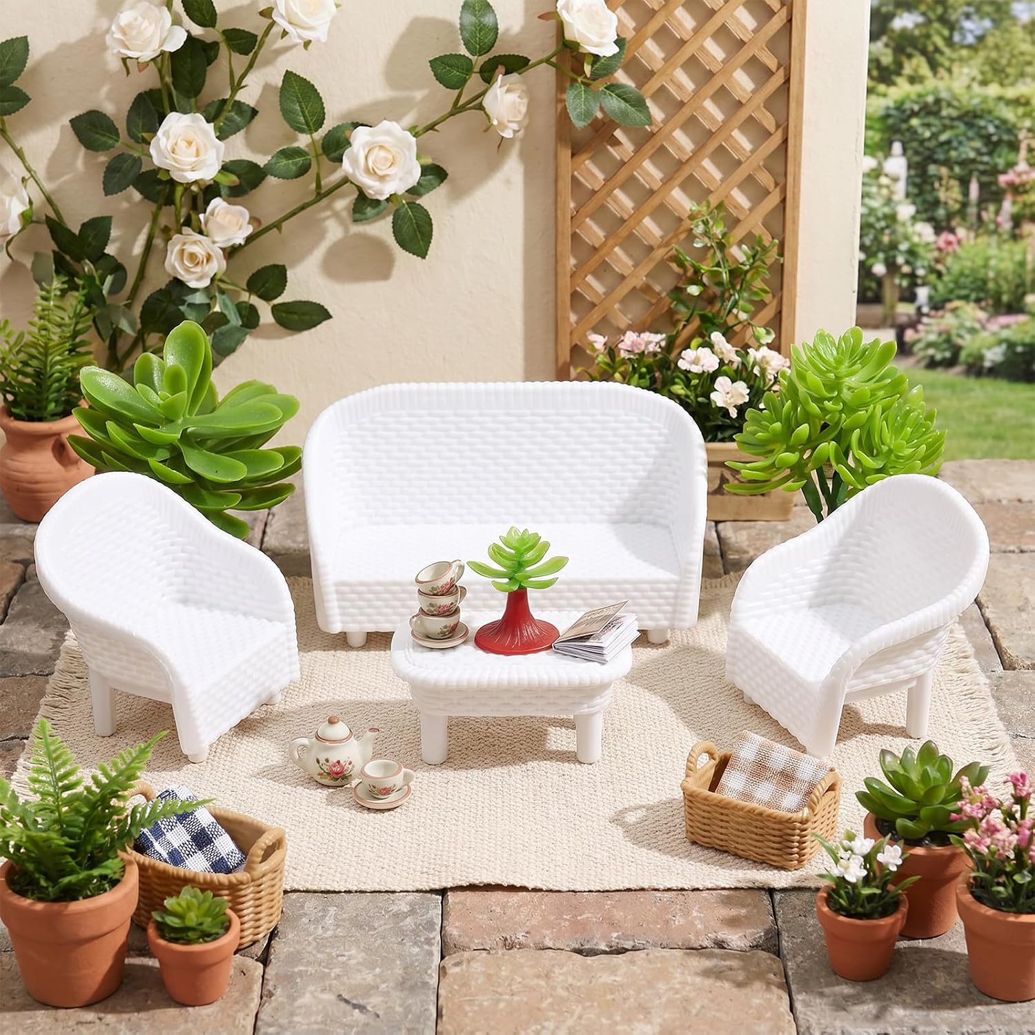 8 Pcs Wicker Tea Table Chair Plant Set, Miniature Dollhouse Furniture Decor Garden Furniture Ornaments for Adults Dollhouse Bedroom Micro Landscape image 4