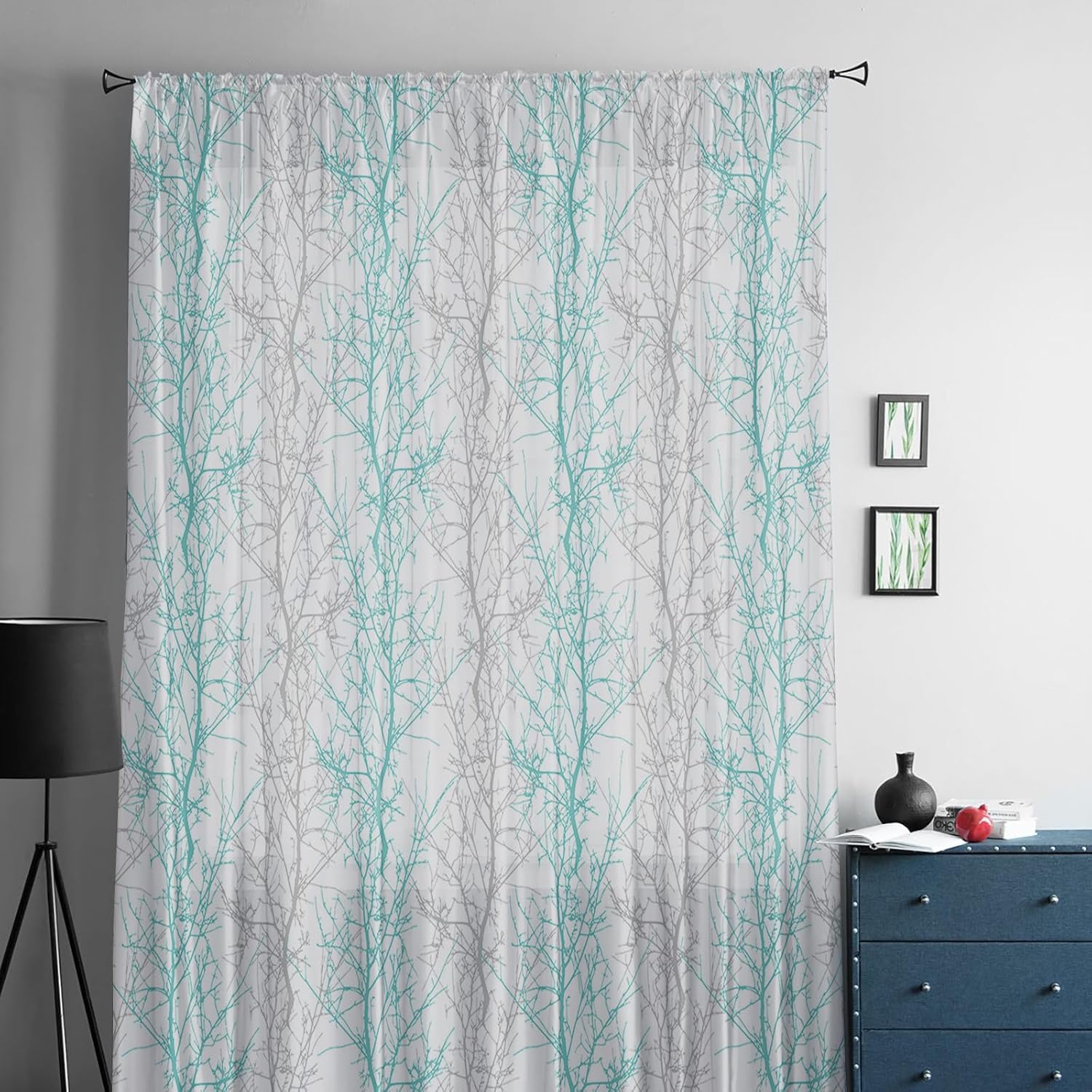 Forest Abstract Tree Semi Sheer Curtains Drapes for Living Room, Bedroom, French Doors Window 96 Inches Long, Rod Pocket Chiffon Curtain Drapery Voile Draperies Panel Turquoise Grey Winter Branch