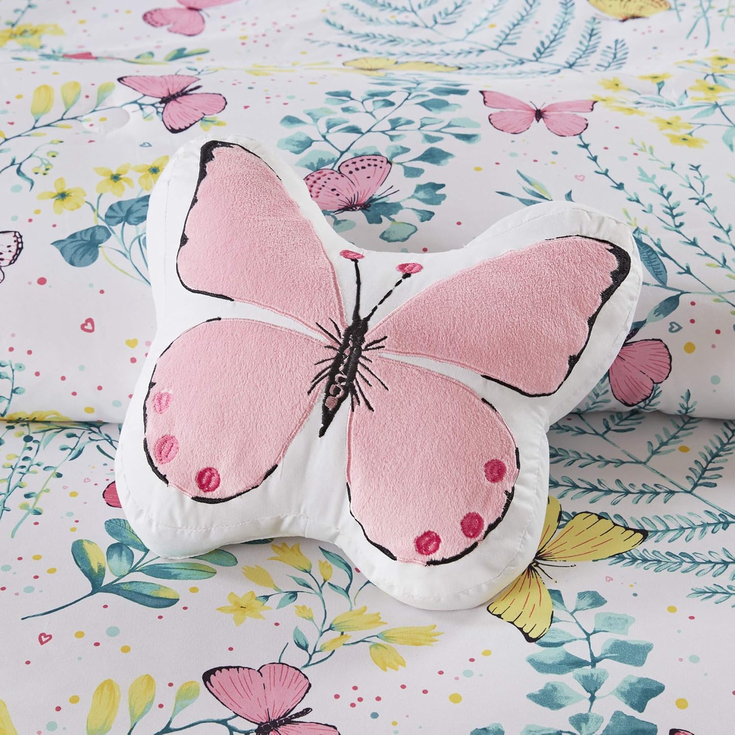 Intelligent Design Kids Cynthia Comforter for Girls Microfiber Animal Butterfly Print, Modern All Season Down Alternative Kids Bed Set, Matching Sham, Decorative Pillow, Full/Queen, Pink 4 Piece