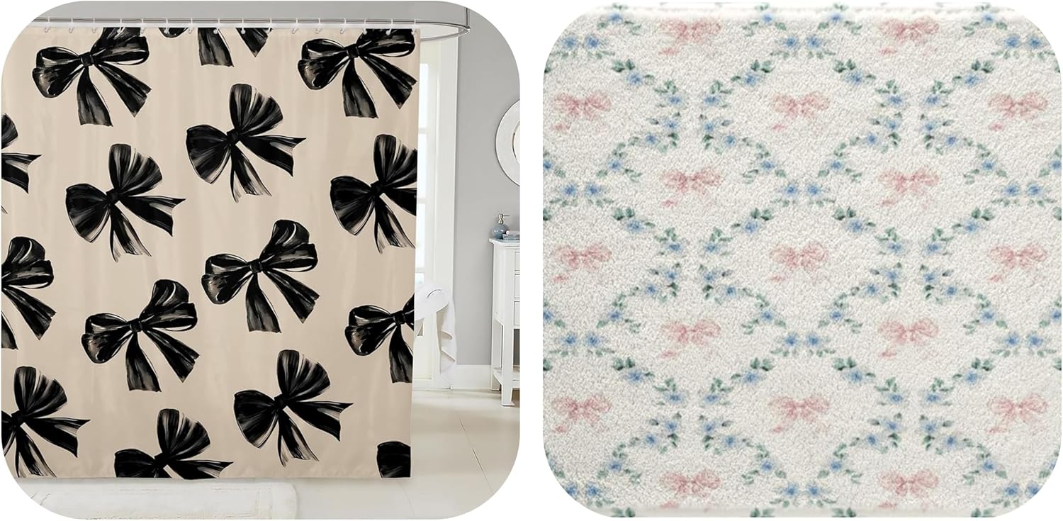 Erosebridal Bow Bathroom Curtain and Bath Mat for Kids Girls Teen