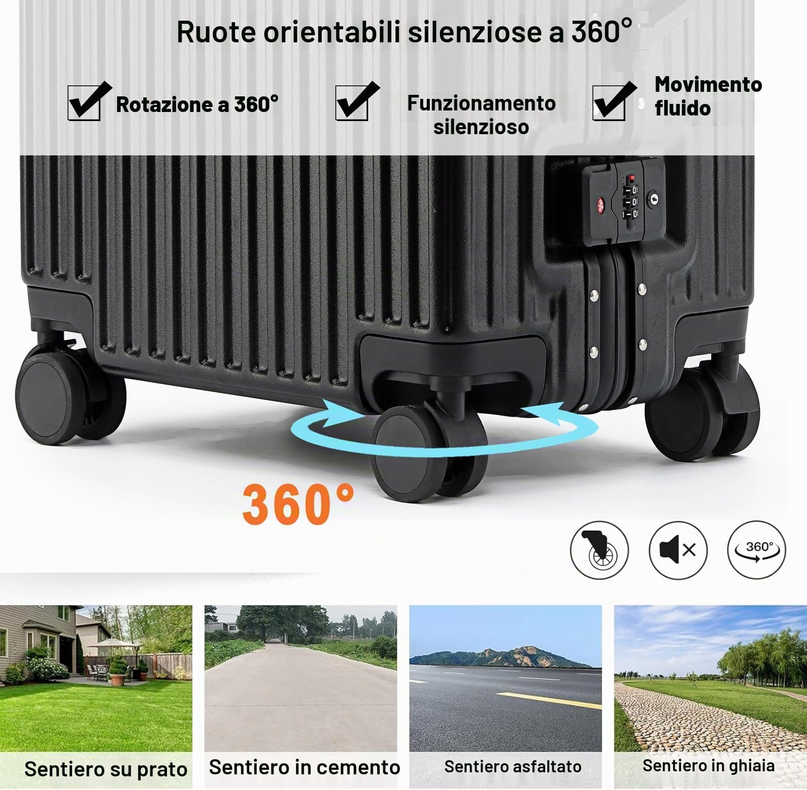 Piccola valigia espandibile bagaglio a mano valigia in alluminio Chiusura TSA incorporata con porta USB,Nero,20in