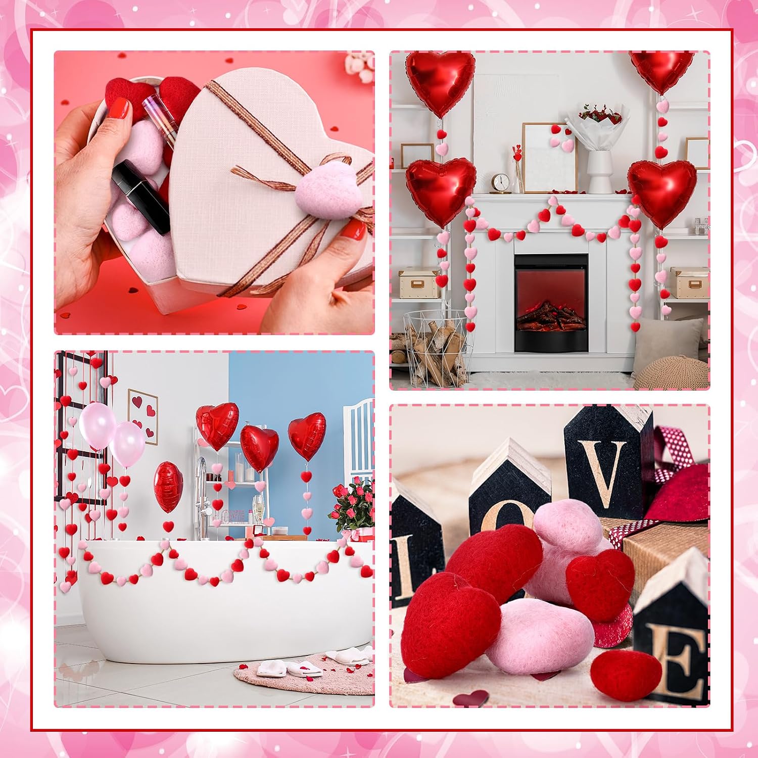 20 Pieces Valentine Felt Hearts 30 mm 50 mm Hearts for Crafts Felt Heart Garland Felted Vase Filler Beads Pom Pom Heart Shape Wool Balls Ornaments for Home Decor Garland Handcraft DIY(Pink, Red)