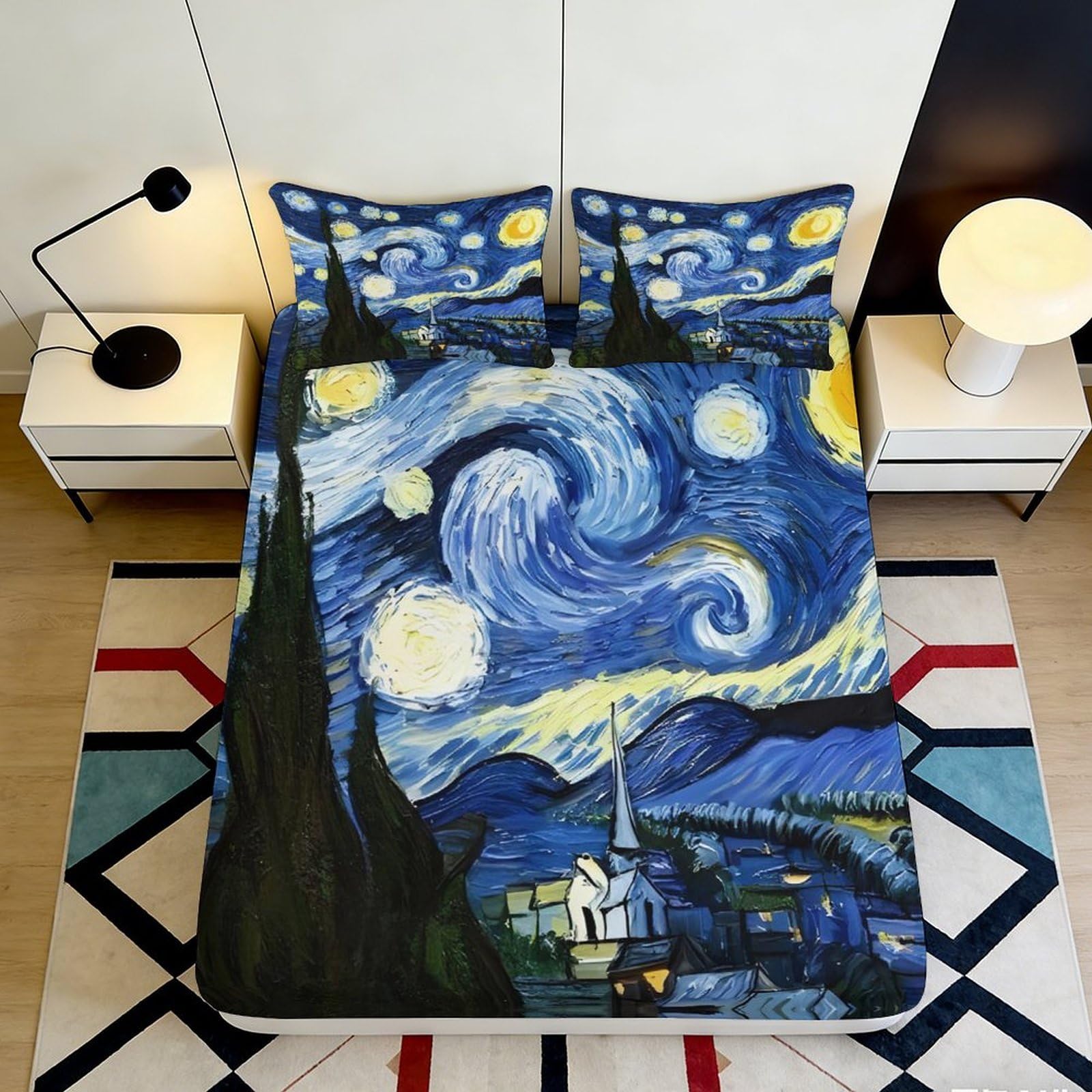 3D Printed Starry Night Sky Fitted Sheet Microfiber Artistic Bedroom Decor Swirl Moon Bed Cover Machine Washable 90x200x25cm