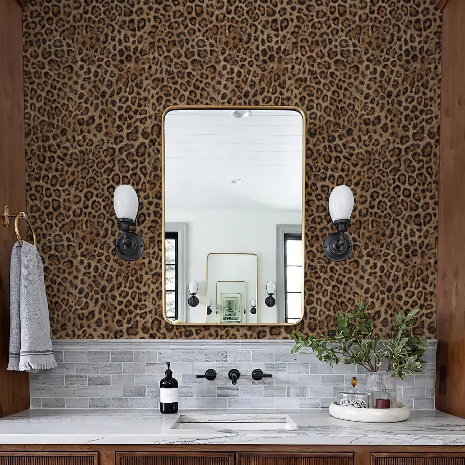 Simon&Siff Upgraded 3D Faux Fur Leopard Print Wallpaper 17.3"x1200" Removable Peel and Stick Contact Paper, Brown & Black Cheetah Animal Print, Renter Friendly Wall Decor for Bedroom, Bathroom, Closet