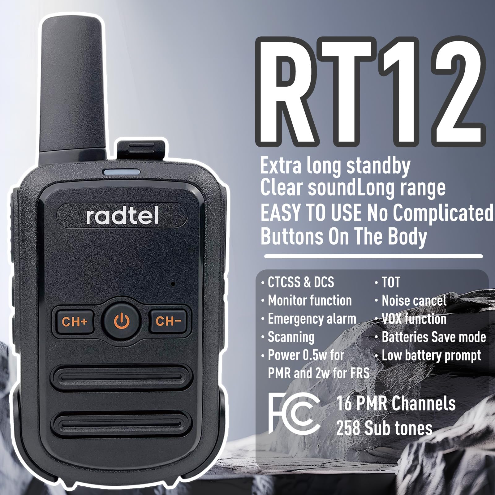 Radtel RT12 Walkie Talkie Ricaricabile per Adulti Portatile a Lungo Raggio Senza Licenza PMR 446 Radio Ricetrasmettitore 16CH Vivavoce VOX per Escursioni in Campeggio… (Nero)