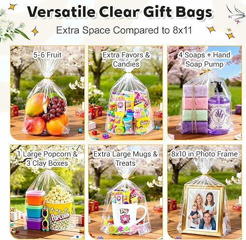 Miniatura 2 de PigPotParty 12 x 16 pulgadas, 100 bolsas de refuerzo inferior, bolsas de plástico transparente de celofán para regalo con 100 lazos giratorios,