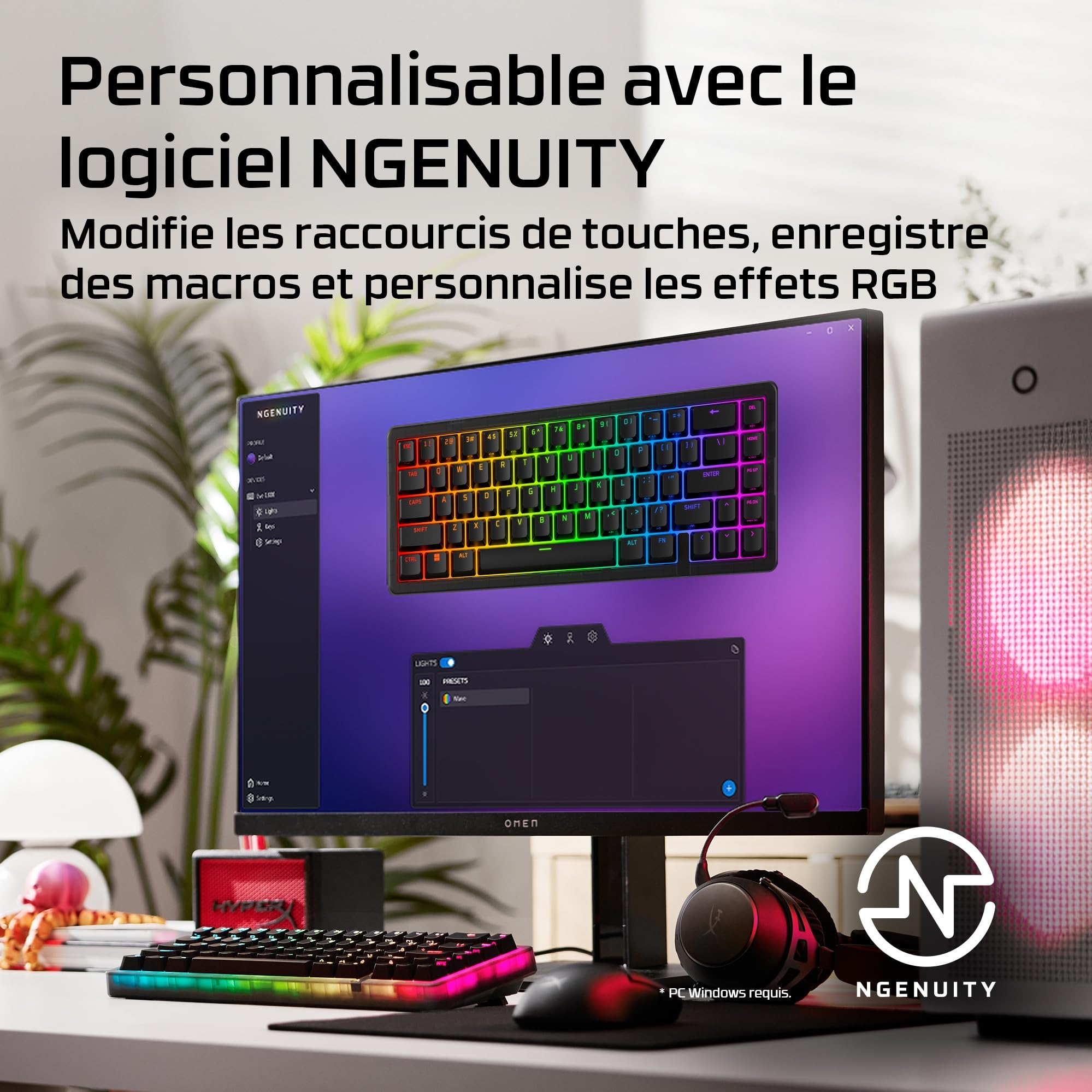 HyperX Origins 2 65, Clavier Gaming mécanique AZERTY FR, switches échangeables à Chaud, boîtier Personnalisable, Format Compact, Polling Rate 8000 Hz, RGB Personnalisable, PC/PS5/Xbox, Noir