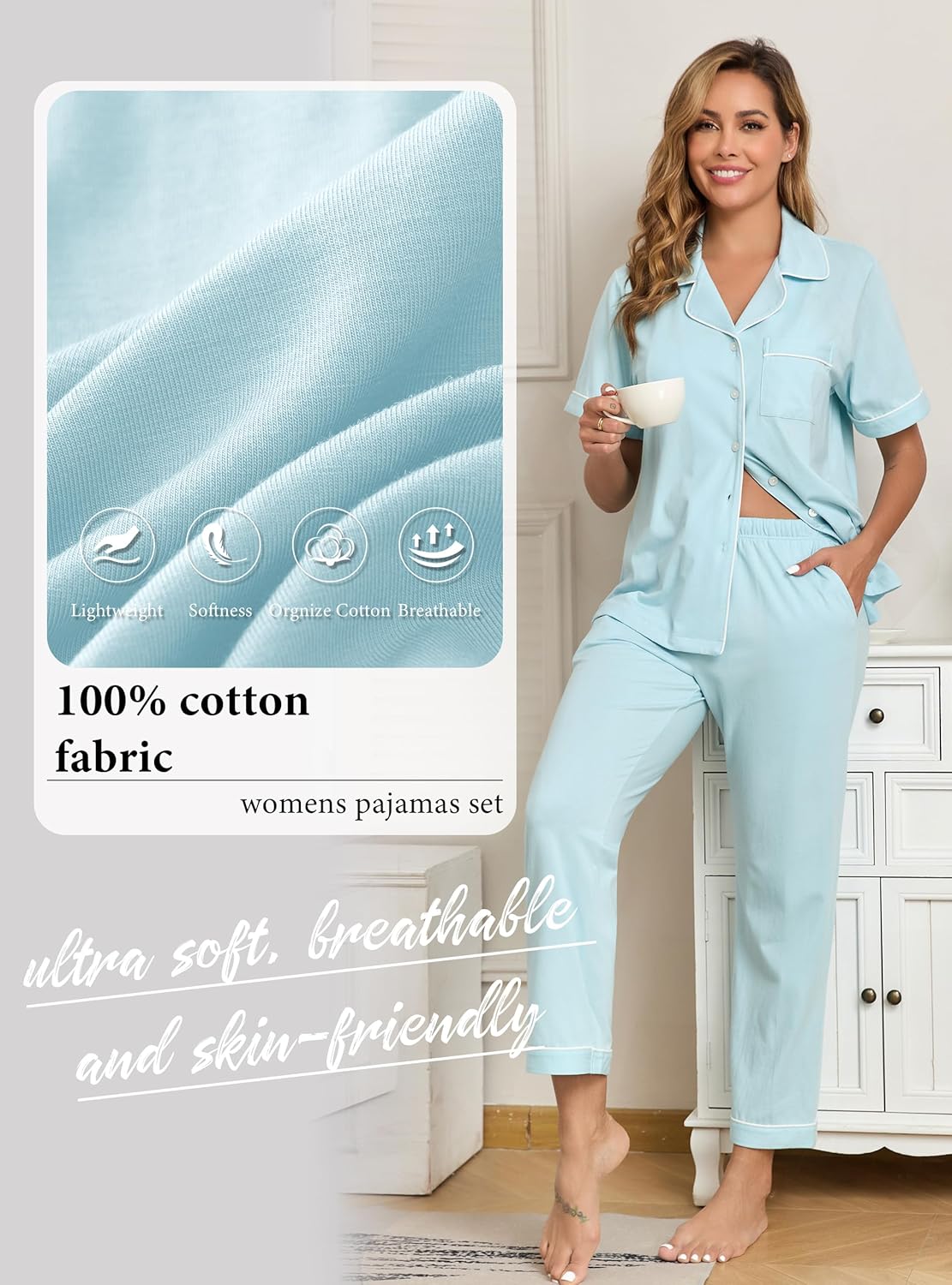 EA'S SECRET Womens 100% Cotton Pajama Sets Short Sleeve Shirt and Pajama Pants Soft Sleepwear Button Down Pjs for Women - Image 4