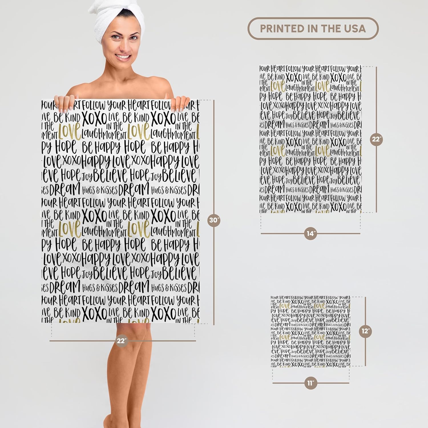 3dRose Black Gold Inspirational Words 22x30 Bath Hand Pool Towel