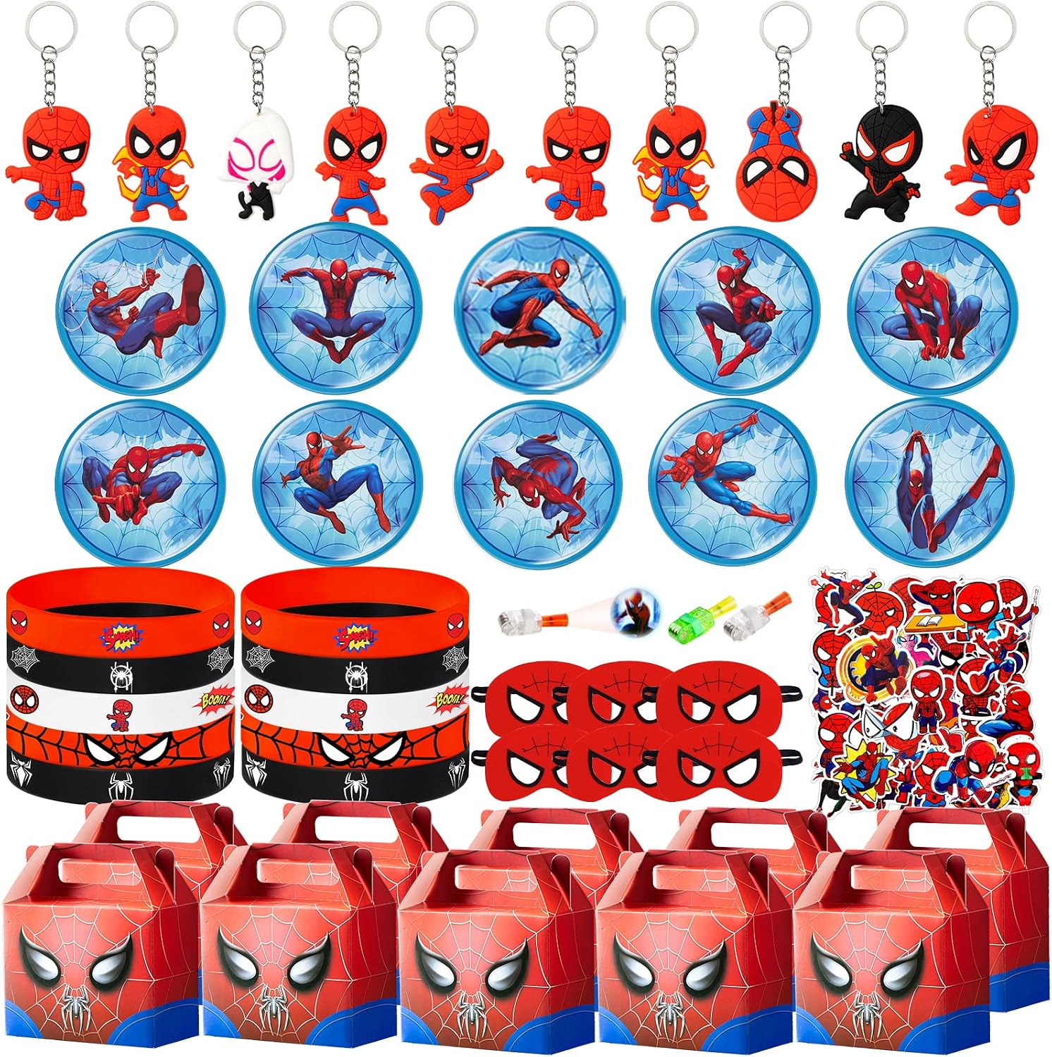 Spider Birthday Party Supplies,110Pcs Party Favors,Include 10 Button Pins,10 Finger Lights,10 Keychain,10 Spider Masks,50 Stickers and 10 Gift Boxes for Kids,Best For Fill Up the Goodie Bags for Spider Themed Party