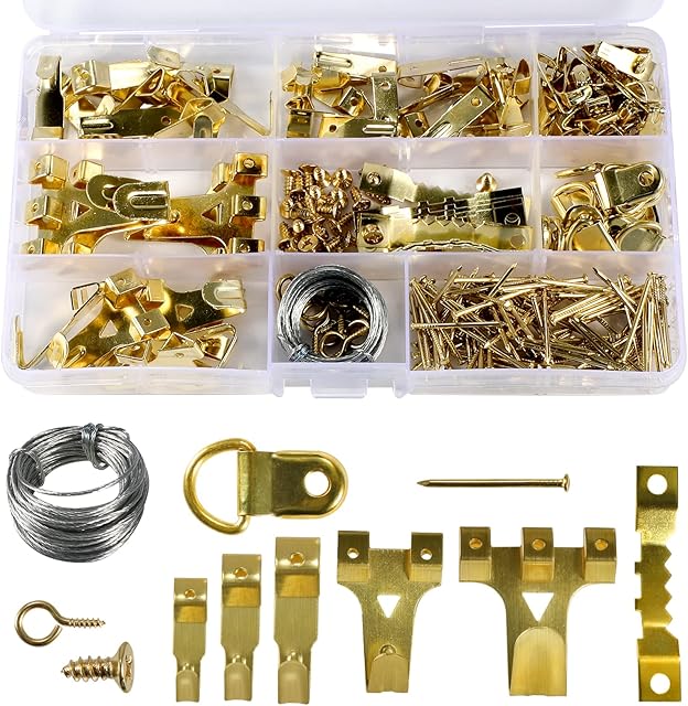 AIEX 220 Pcs Assorted Picture Hangers Kit Frame Hanging Hooks Hardware with Hooks, Nails, Hanging Wire, Sawtooth, D Ring and Screw Eyes