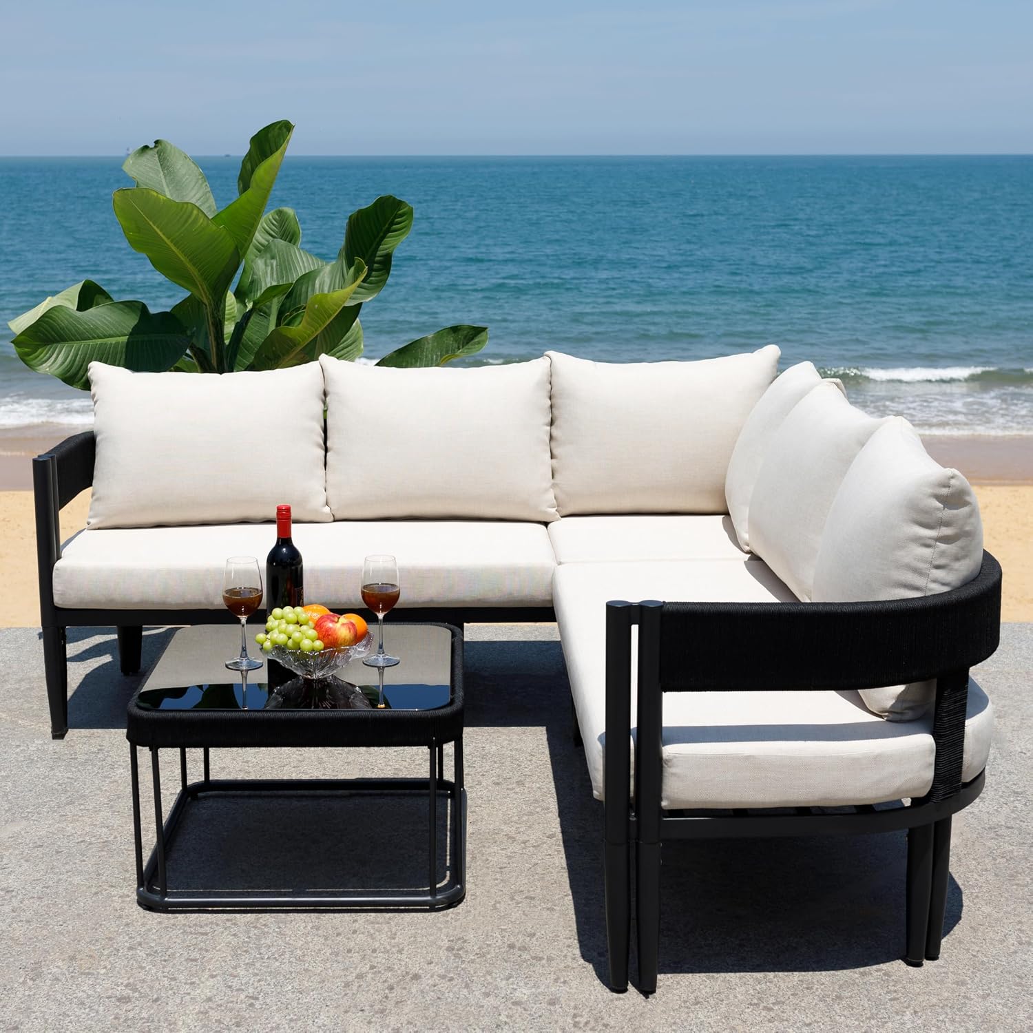 SAFAVIEH Outdoor Patio Furniture Collection - Viola Black & Taupe Corner Set with Table, Modern Steel & Rope Sectional Sofa (PAT7754A)