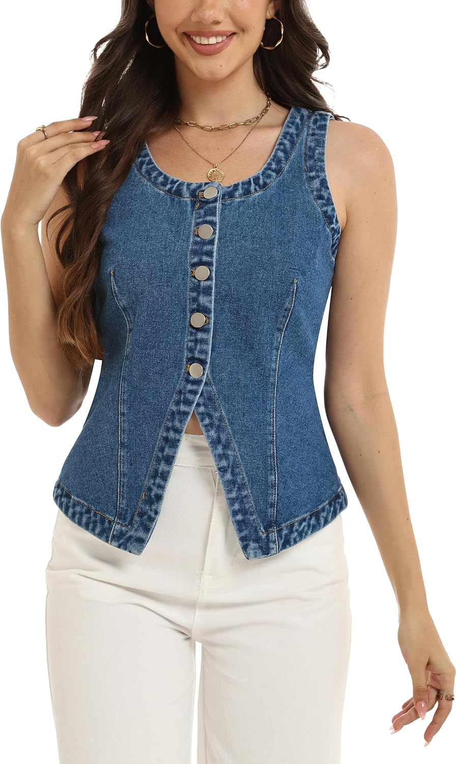 D-Sun Women Sleeveless Denim Vest Crewneck Button Down Jean Waistcoat Casual Front Slit Slim Denim Tank Top