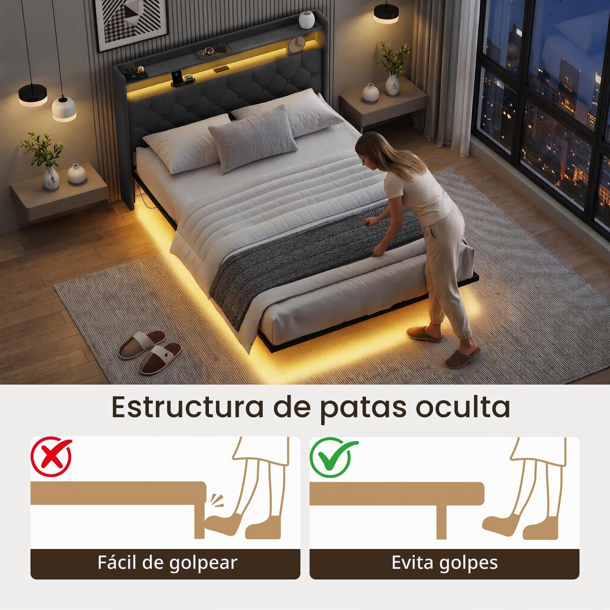 Xbro Cama 140x200 cm con Flotante，Cama Tapizada con Iluminación LED y Estación de Carga (USB/Enchufe), Cabecero Acolchado con Espacio de Almacenamiento, Somier, Gris Oscuro(Sin Colchón)
