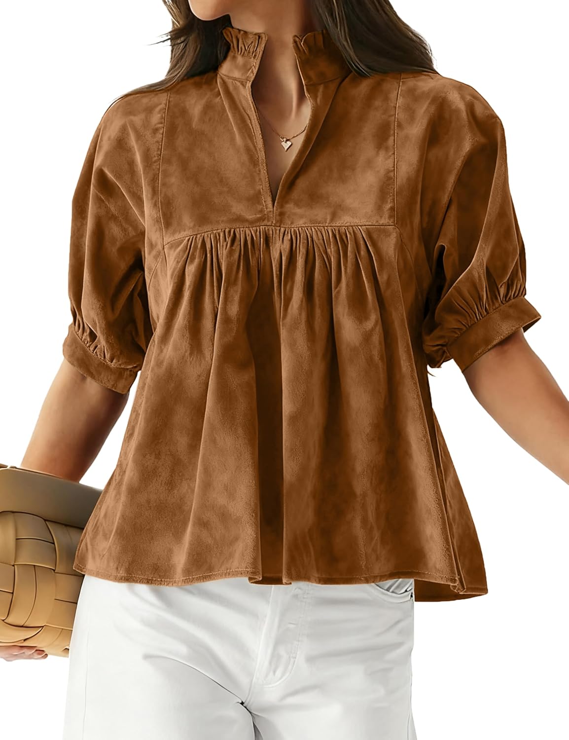 Women's Faux Suede Blouse Babydoll Pleated Peplum Tops Puff Sleeve Loose Fit Pullover Tunics Shirts