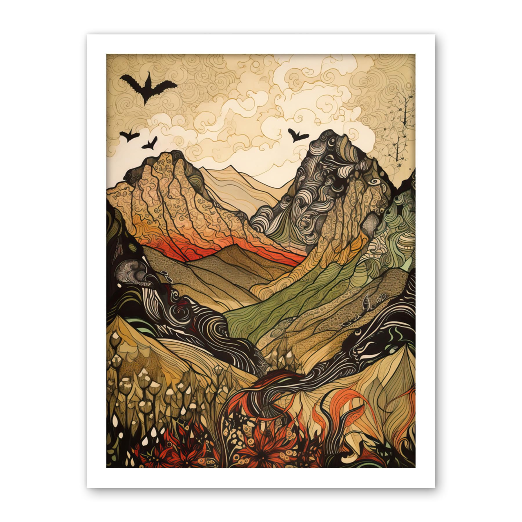 Artery8 Mountain Landscape Multicoloured Pattern Linocut Artwork Framed Wall Art Print 18X24 Inch