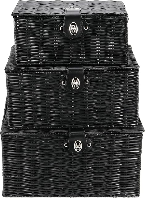 PINGEUI Set of 3 Resin Black Wicker Woven Lidded Storage Baskets, Hamper Storage Boxes with Lid and Leather Lock, Stackable Resin Organiser for Gift, Clothes, Toiletries, Small/Medium/Large