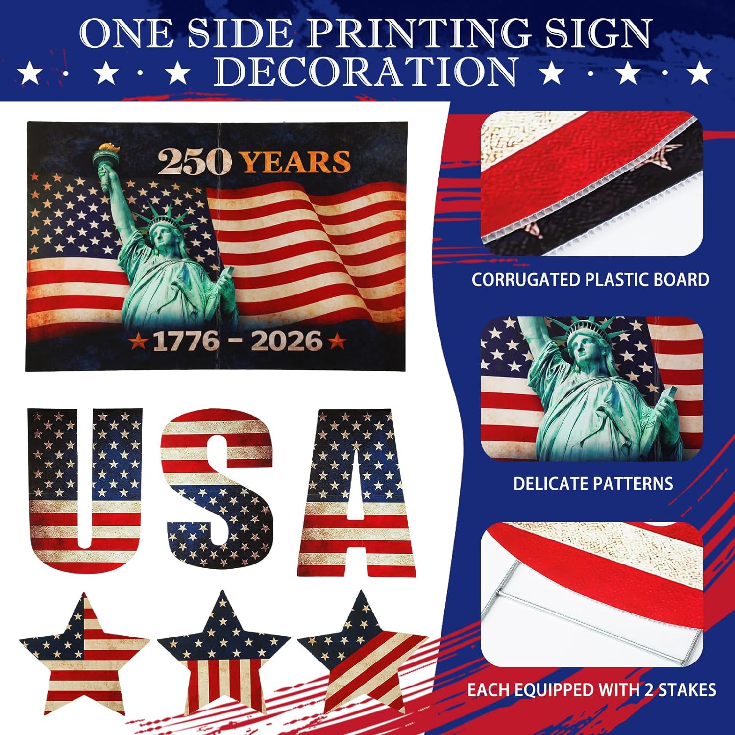 Unittype 7 Pcs Oversize USA Yard Signs 250th Anniversary Patriotic Flag Outdoor Lawn Decoration with Stakes 4th of July Red White Blue Garden Yard Signs for Independence Day 1776-2026 Commemorative